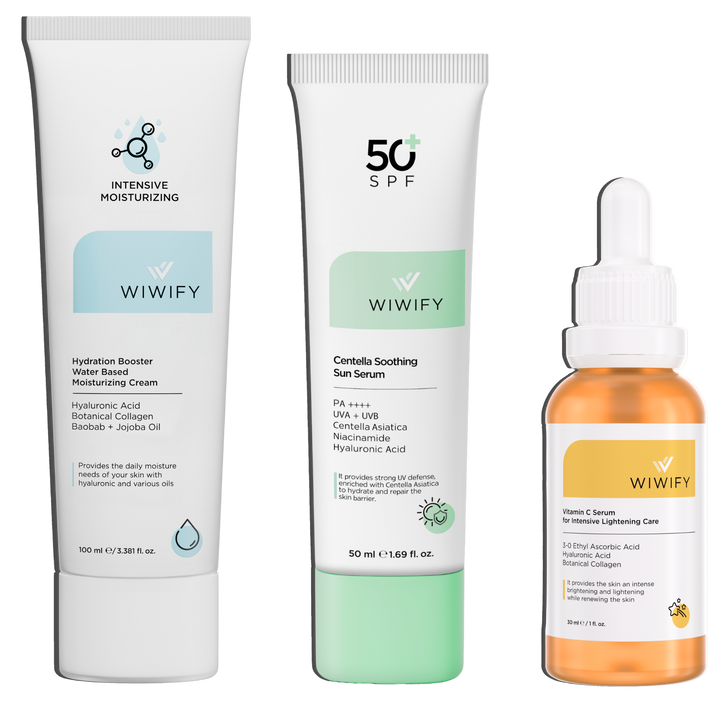 Aydınlatıcı & Işıltı Veren Bakım Seti, Nemlendirici + C Vitamin + Güneş Koruyucu | Hyaluronic Acid | Wiwify