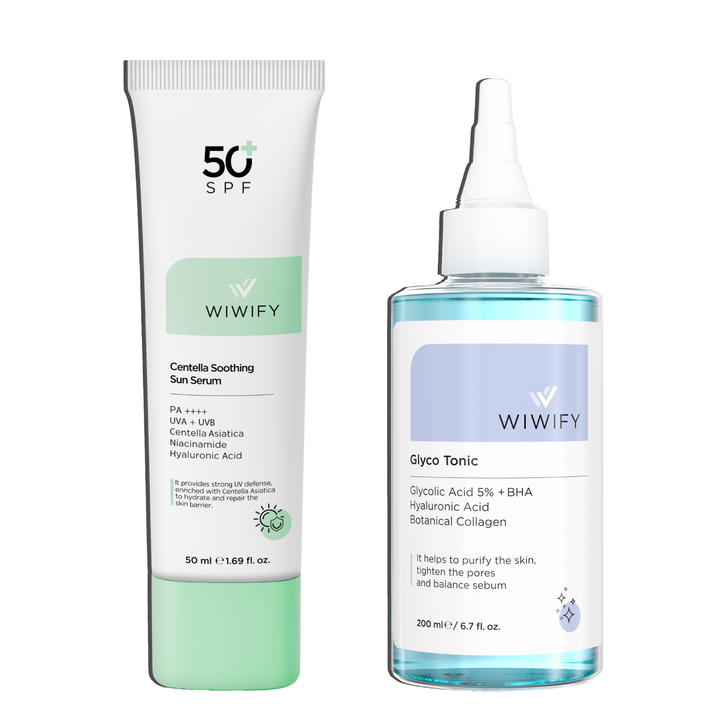 Gözenek ve Yatıştırma Seti, Tonik + Güneş Koruyucu | Hyaluronic Acid, Niacinamide, AHA+BHA | Wiwify