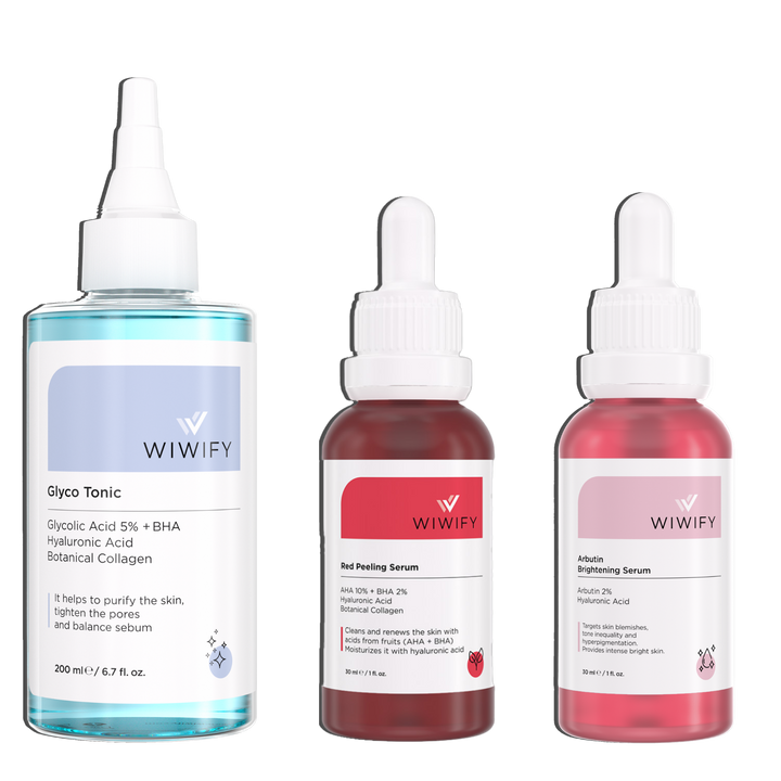 Leke Karşıtı Yenileyici Bakım Seti, Tonik + Red Peeling + Arbutin | AHA+BHA, Hyaluronic Acid | Wiwify