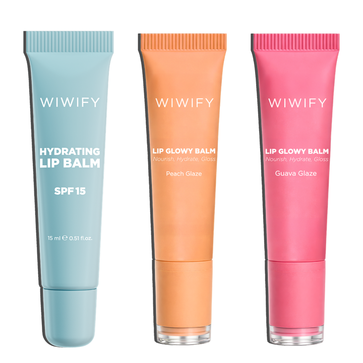 Lip Care Essentials Set, Hydrating Lip Balm + Guava Glaze + Peach Glaze | SPF 15, Squalane, Ceramide | Wiwify