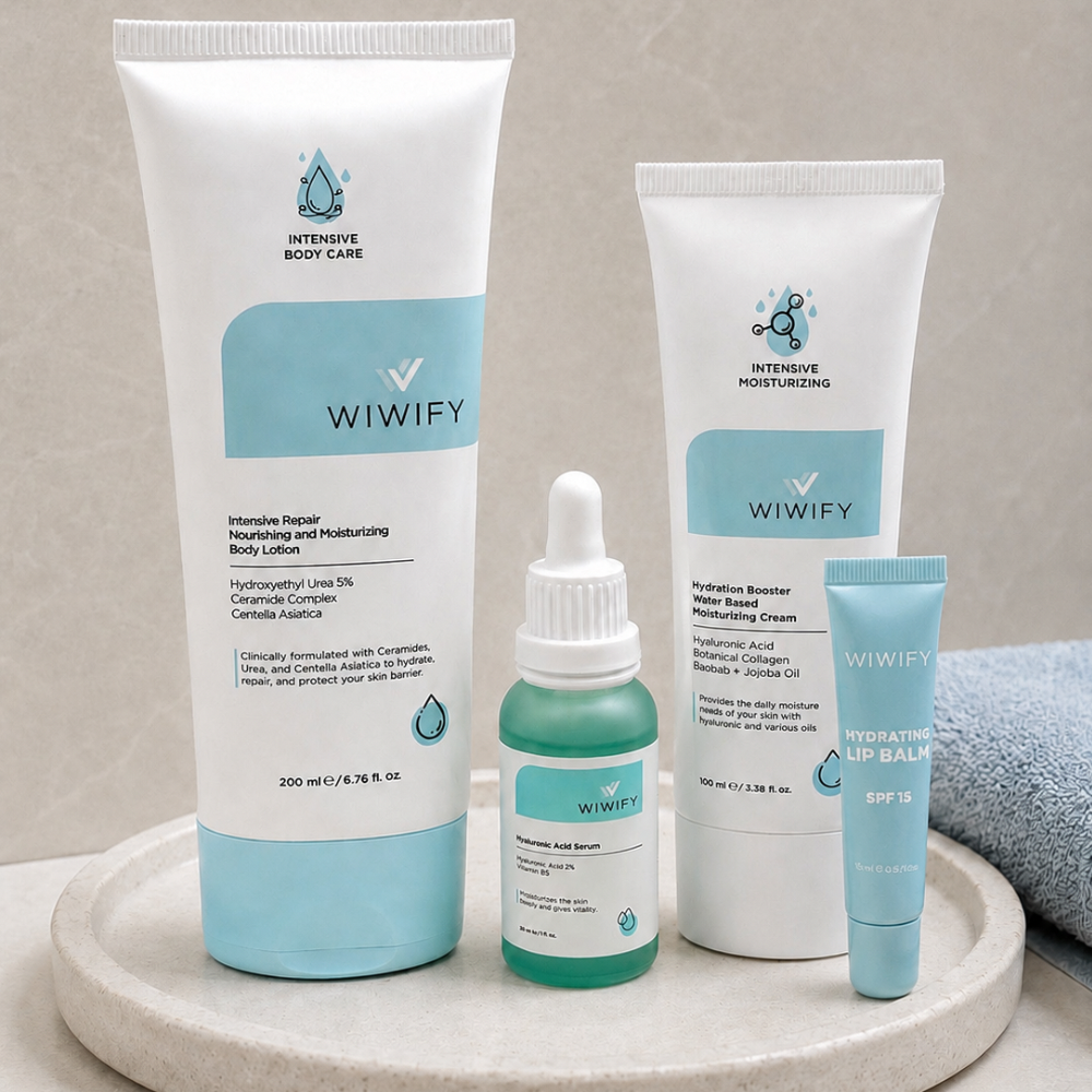 Wiwify Intensive Repair %5 Üre + Seramid içerikli nemlendirici vücut losyonu ve diğer Wiwify cilt bakım ürünleri