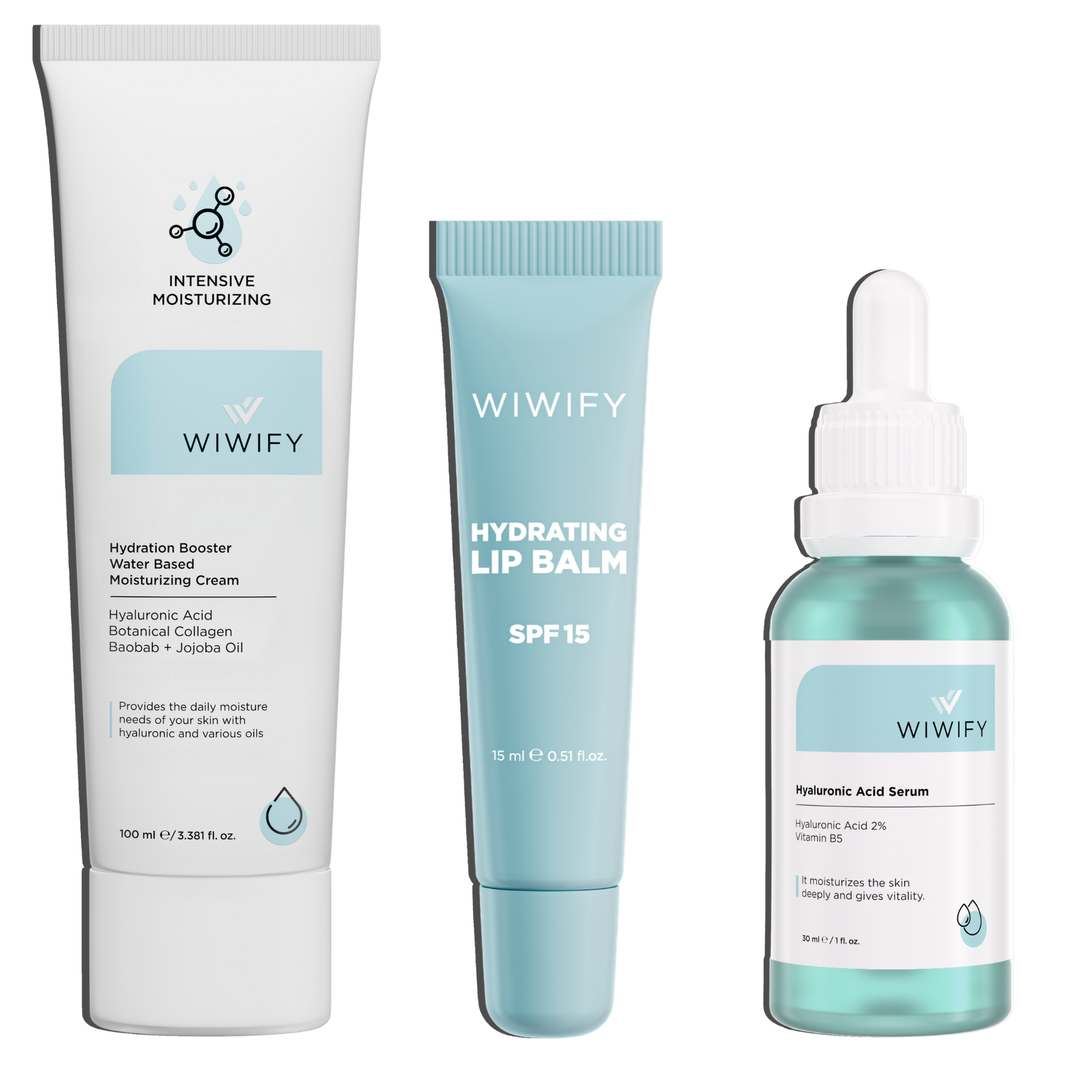 3 Adımda Yoğun Nem ve Işıltı Seti, Nemlendirici Krem + Hyaluronic Acid Serum + Hydrating Lip Balm | Wiwify
