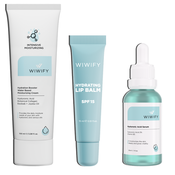 3 Adımda Yoğun Nem ve Işıltı Seti, Nemlendirici Krem + Hyaluronic Acid Serum + Hydrating Lip Balm | Wiwify