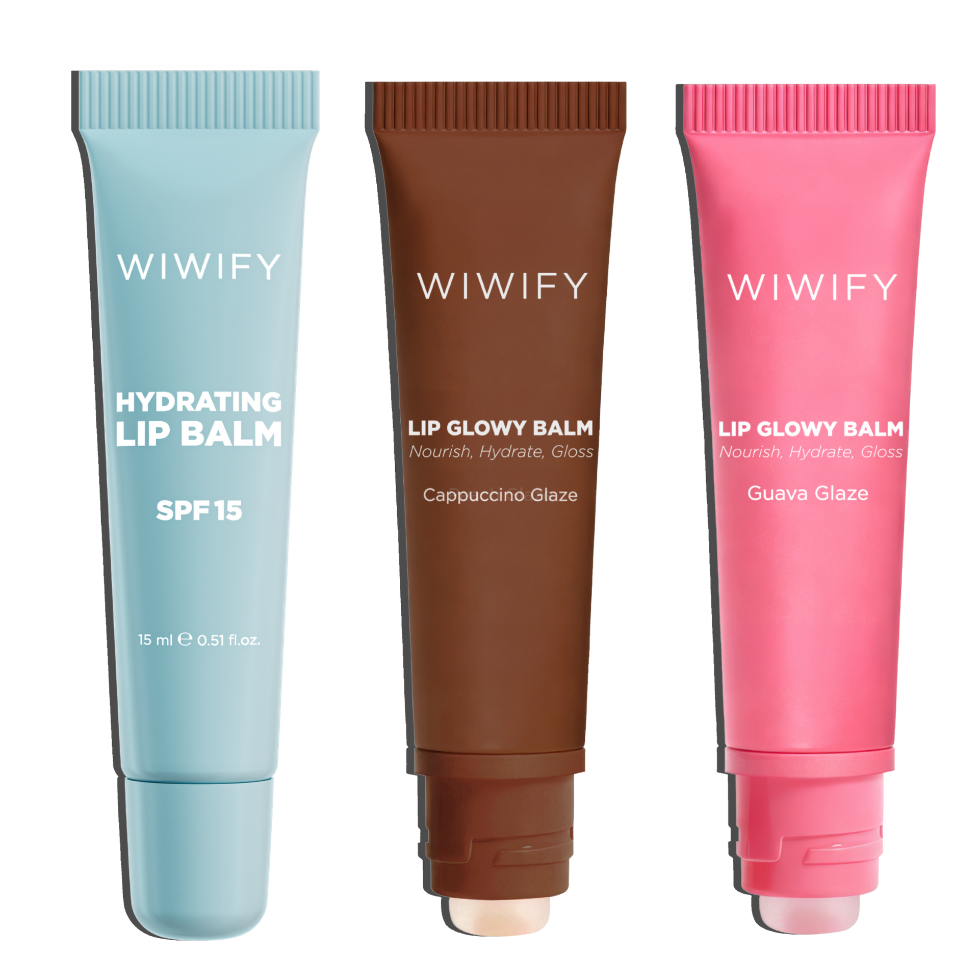 Lip Glow & Protect Set, Hydrating Lip Balm + Guava Glaze Balm+ Cappuccino Glaze Balm | Squalane