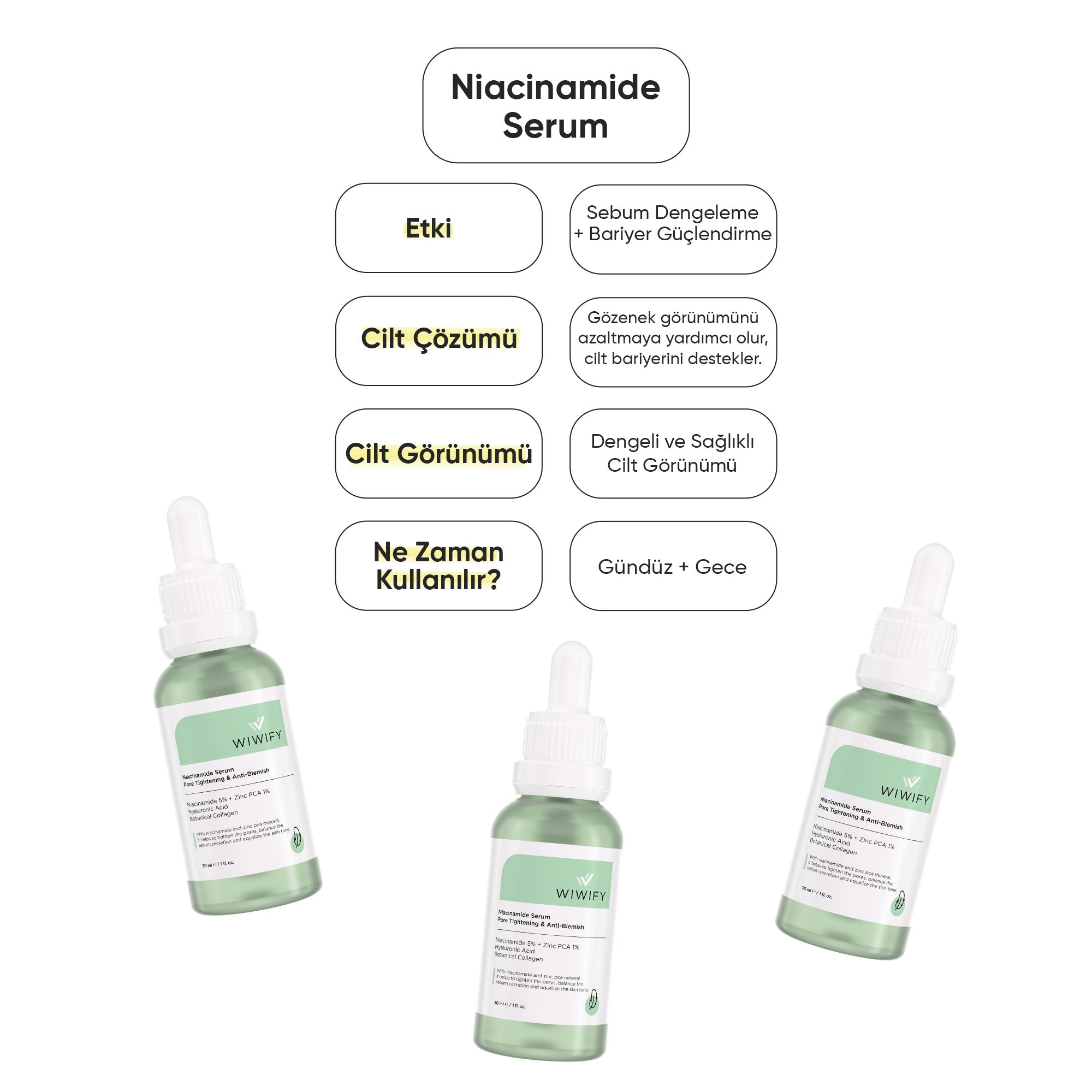 Sivilce ve Siyah Nokta Karşıtı, Aydınlatıcı Niacinamide Cilt Bakım Serumu 30 ml