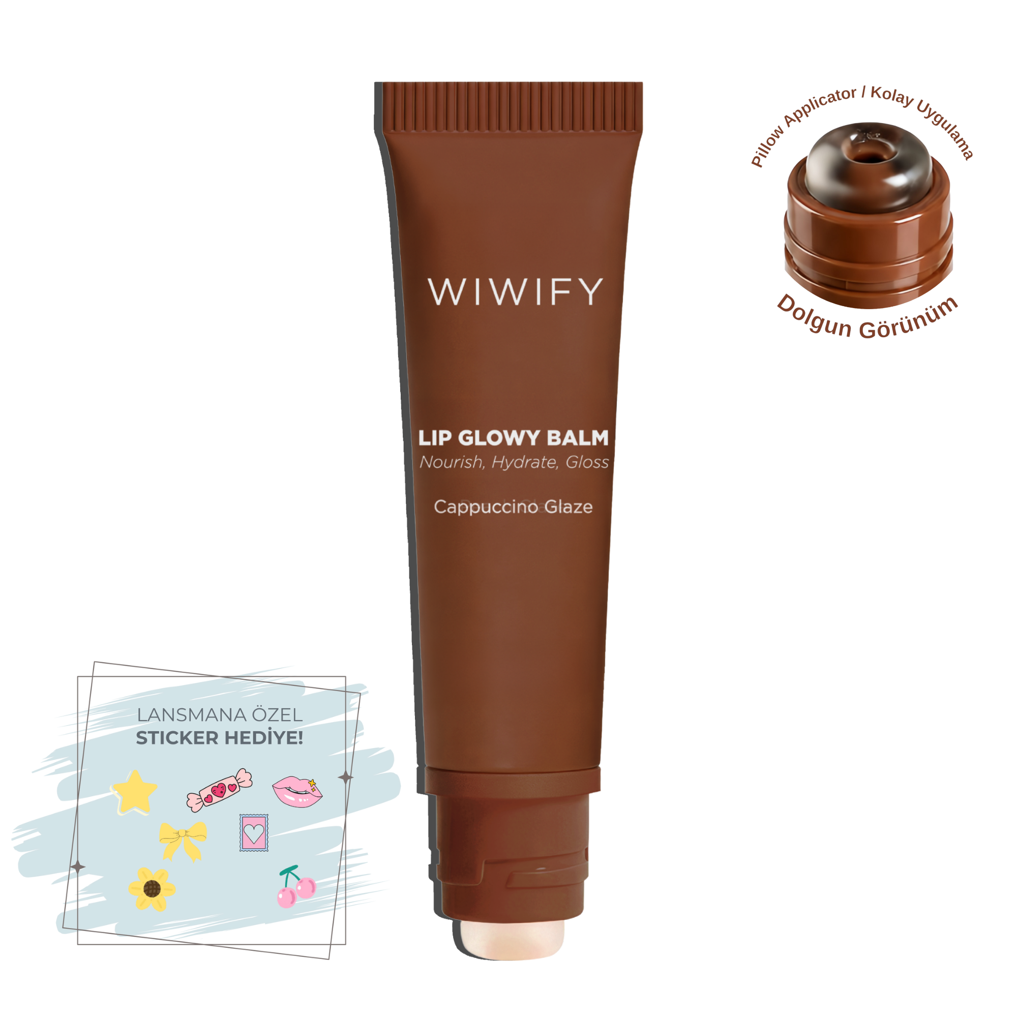 Lip Glowy Balm Cappuccino Glaze, Dolgun Görünüm Sağlayan, Parlatıcı, Nemlendirici, Renkli Dudak Bakım Balmı, Lip Balm 13 ml