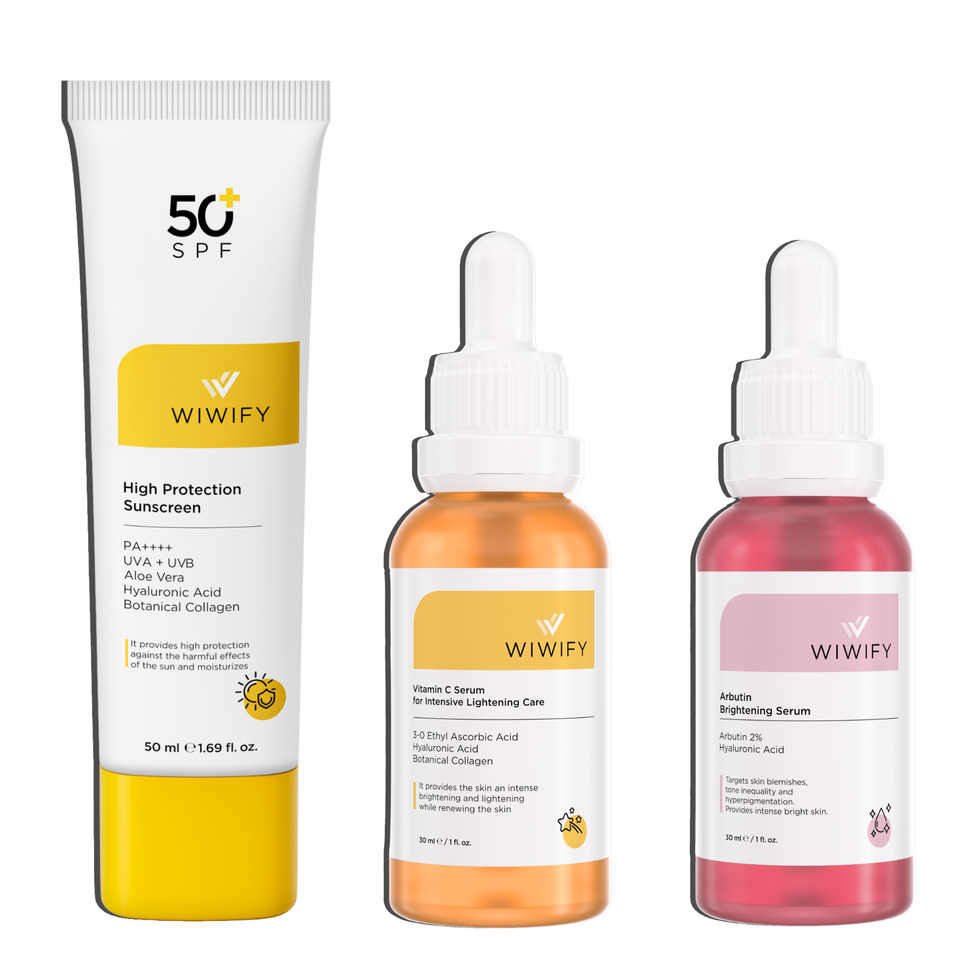 Cilt Tonu Eşitlemek İçin Aydınlatıcı Etkili Güneş Kremi, C Vitamini Serum ve Arbutin Serum Cilt Bakım Seti