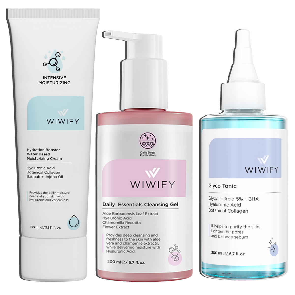 Günlük Tazeleyici Bakım Seti, Nemlendirici + Yüz Temizleme Jeli + Tonik | AHA+BHA, Hyaluronic Acid