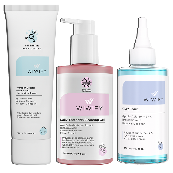 Günlük Tazeleyici Bakım Seti, Nemlendirici + Yüz Temizleme Jeli + Tonik | AHA+BHA, Hyaluronic Acid