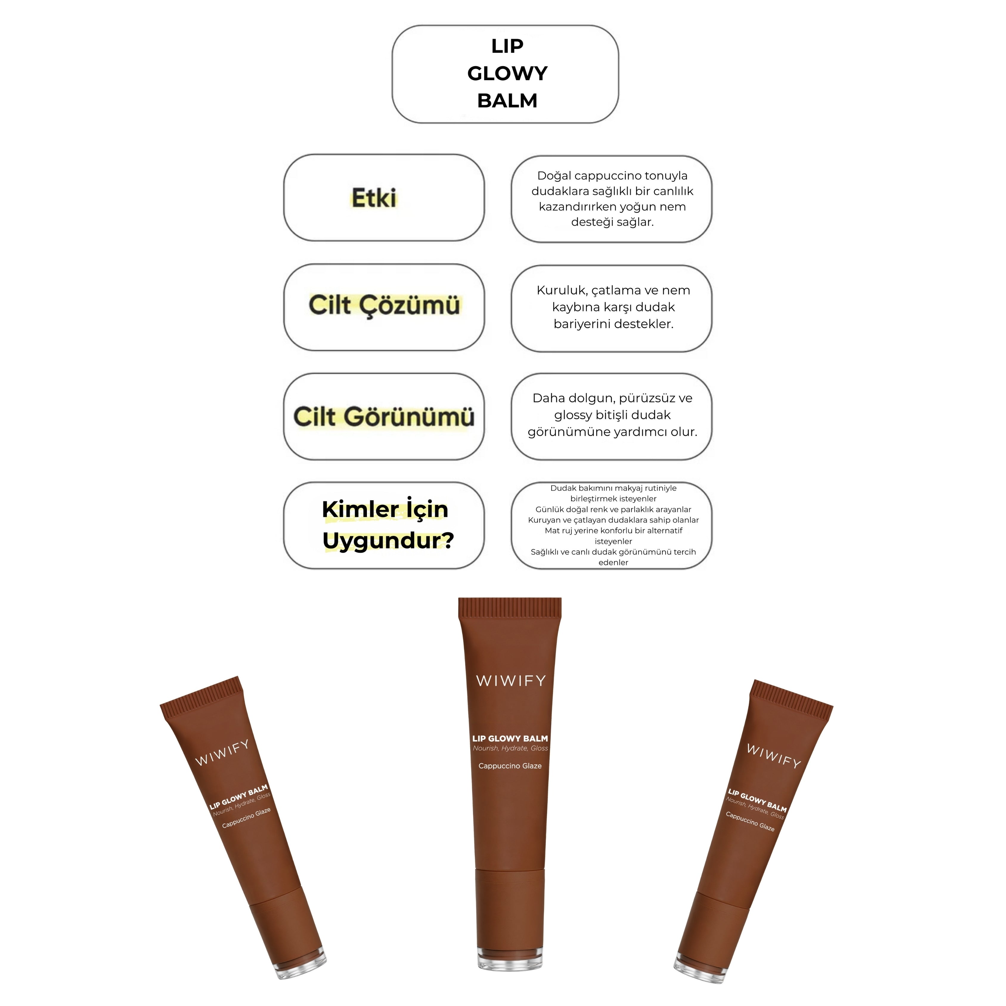 Lip Glowy Balm Cappuccino Glaze, Dolgun Görünüm Sağlayan, Parlatıcı, Nemlendirici, Renkli Dudak Bakım Balmı, Lip Balm 13 ml
