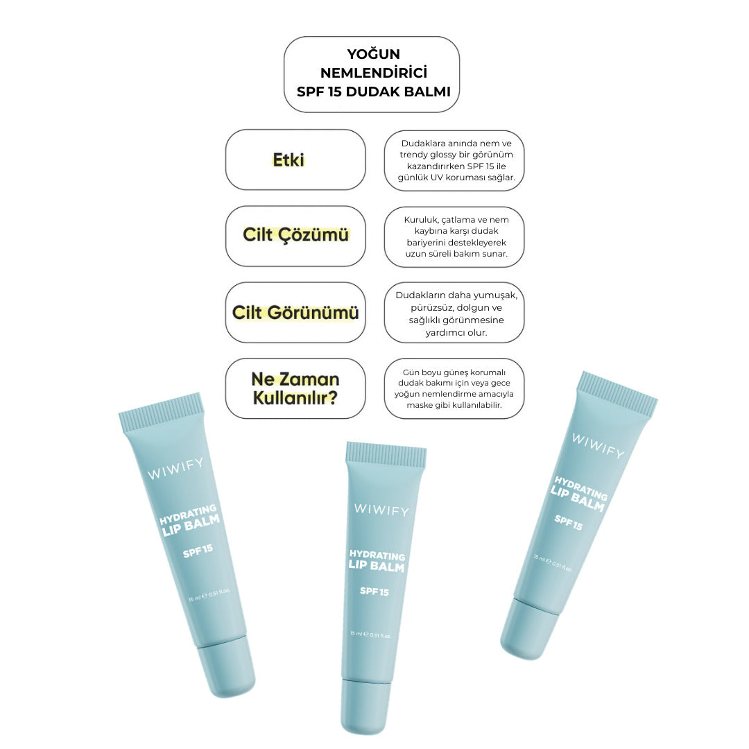 SPF 15 UV Korumalı, Şeffaf & Parlak Bitişli, Nemlendirici Dudak Balmı, Lip Balm 15 ml