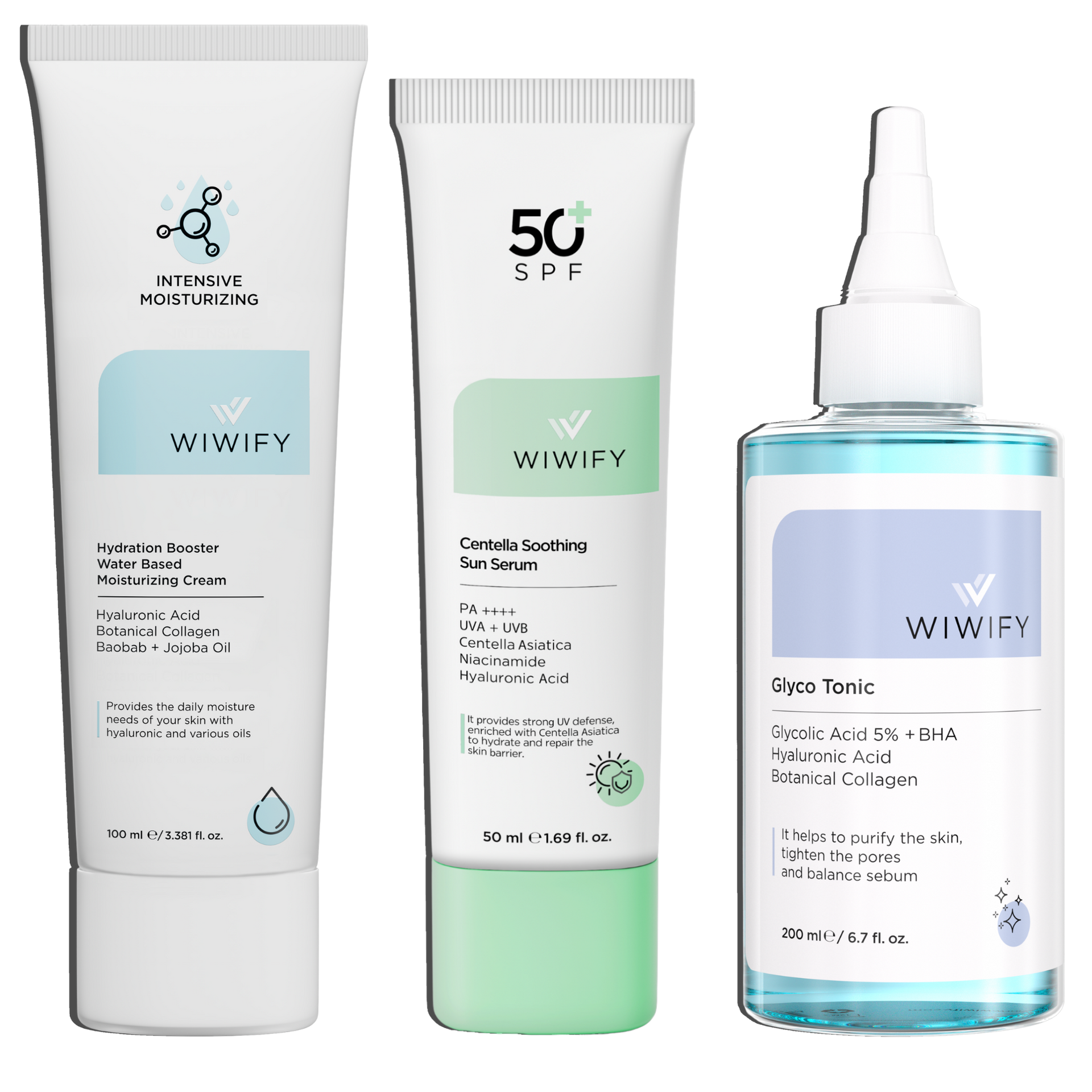 Arındırıcı & Yatıştırıcı Bakım Seti, Nemlendirici + Tonik + Güneş Koruyucu | Hyaluronic Acid | Wiwify