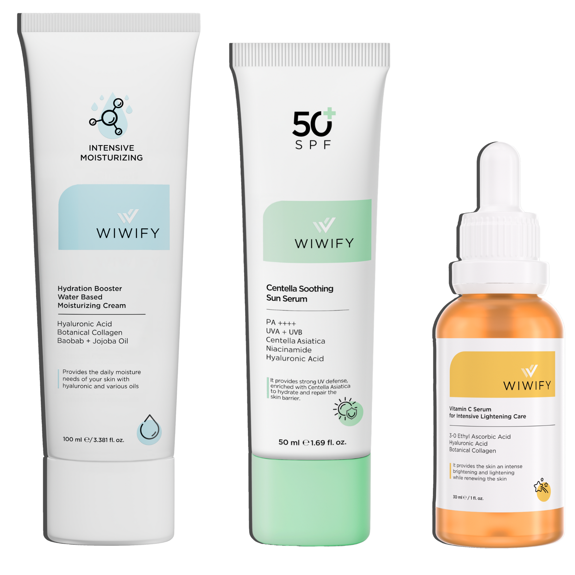 Aydınlatıcı & Işıltı Veren Bakım Seti, Nemlendirici + C Vitamin + Güneş Koruyucu | Hyaluronic Acid | Wiwify