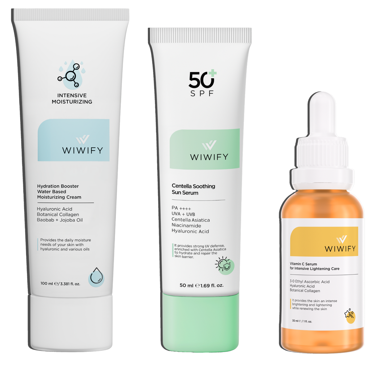 Aydınlatıcı & Işıltı Veren Bakım Seti, Nemlendirici + C Vitamin + Güneş Koruyucu | Hyaluronic Acid | Wiwify