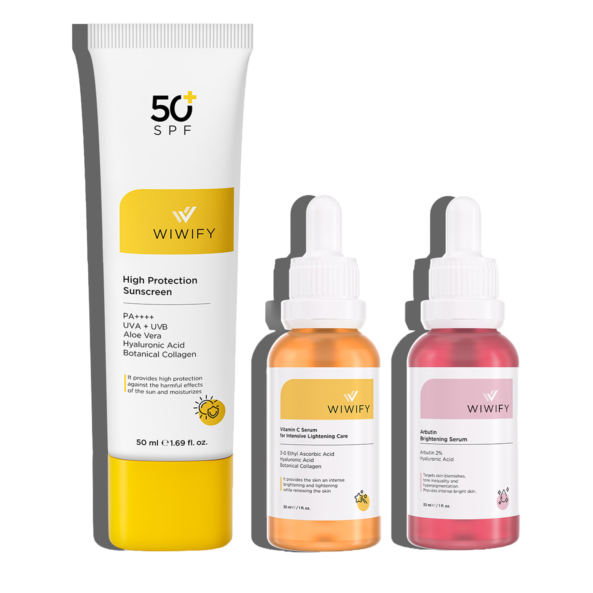 Cilt Tonu Eşitlemek İçin Aydınlatıcı Etkili Güneş Kremi, C Vitamini Serum ve Arbutin Serum Cilt Bakım Seti