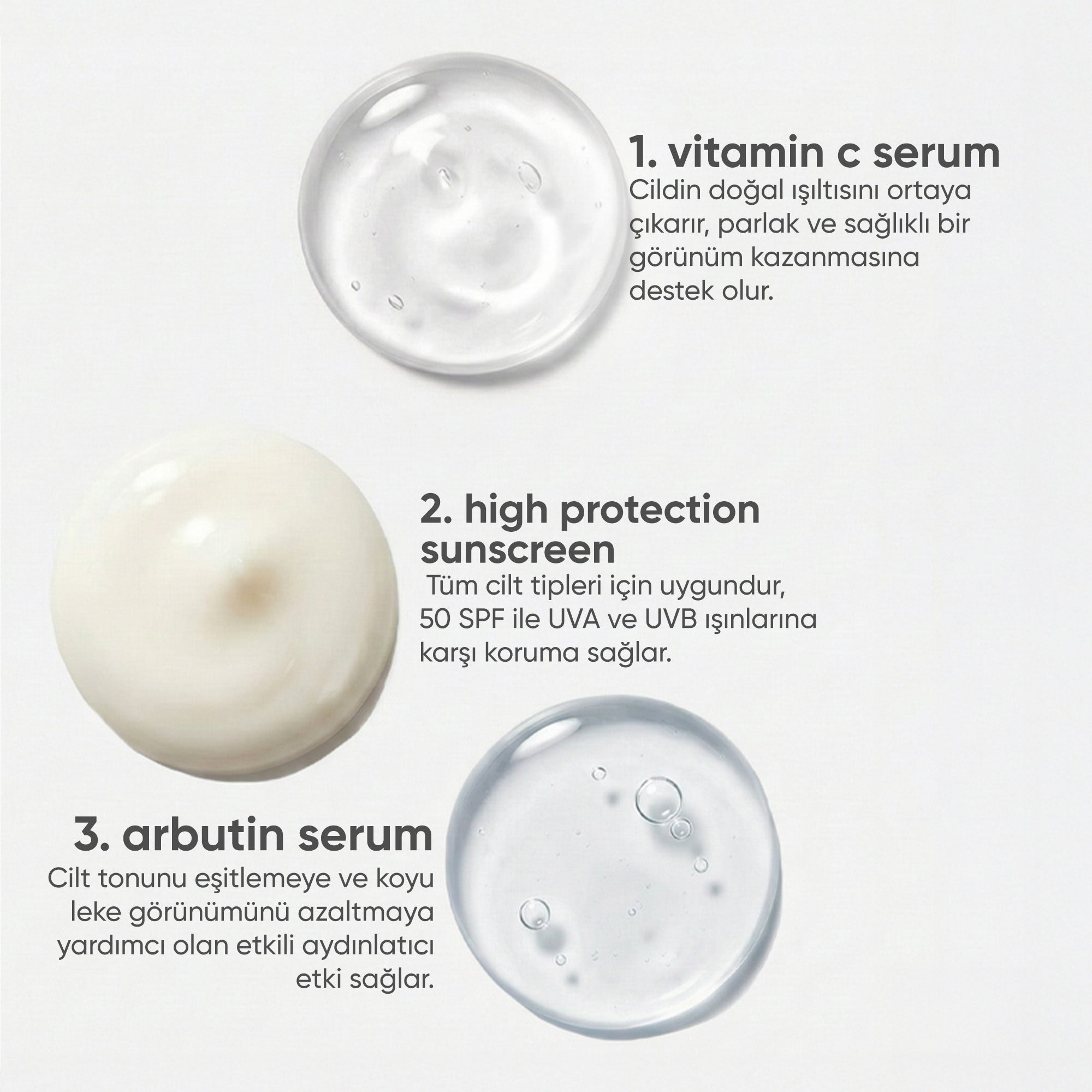 Cilt Tonu Eşitlemek İçin Aydınlatıcı Etkili Güneş Kremi, C Vitamini Serum ve Arbutin Serum Cilt Bakım Seti