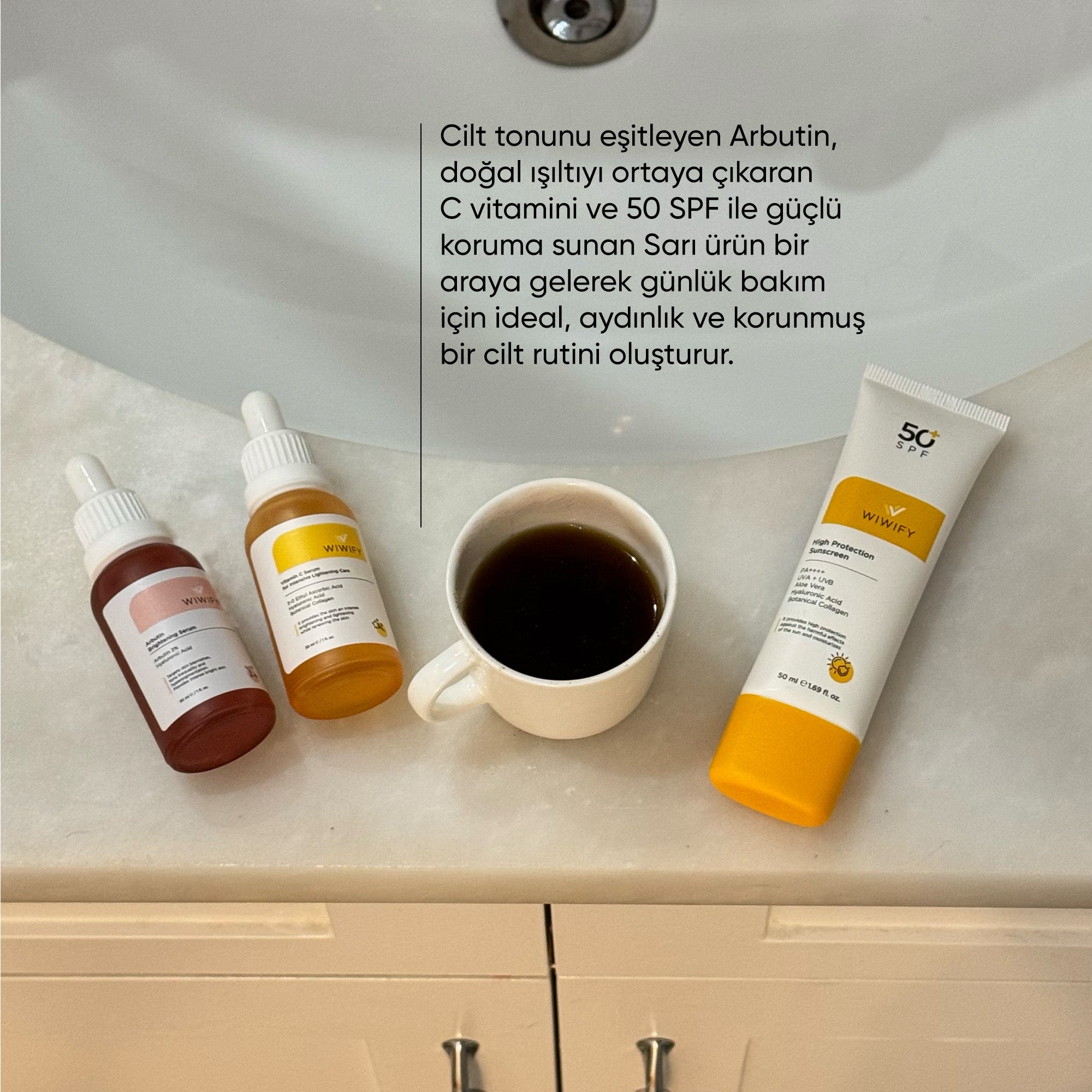 Cilt Tonu Eşitlemek İçin Aydınlatıcı Etkili Güneş Kremi, C Vitamini Serum ve Arbutin Serum Cilt Bakım Seti