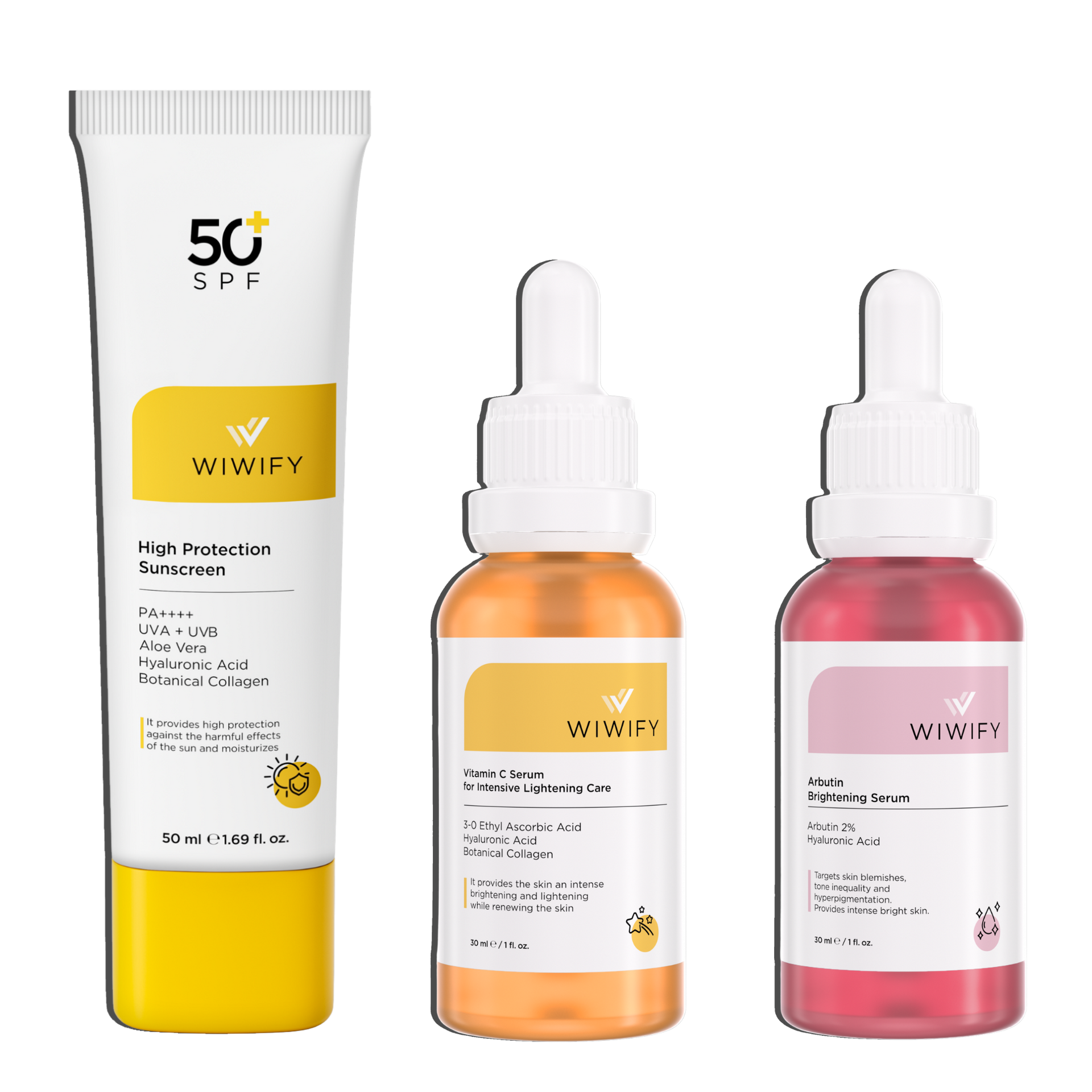 Ton Eşitleyici Aydınlatıcı Seti, Güneş Koruyucu + C Vitamin + Arbutin | Hyaluronic Acid, Ascorbic Acid | Wiwify
