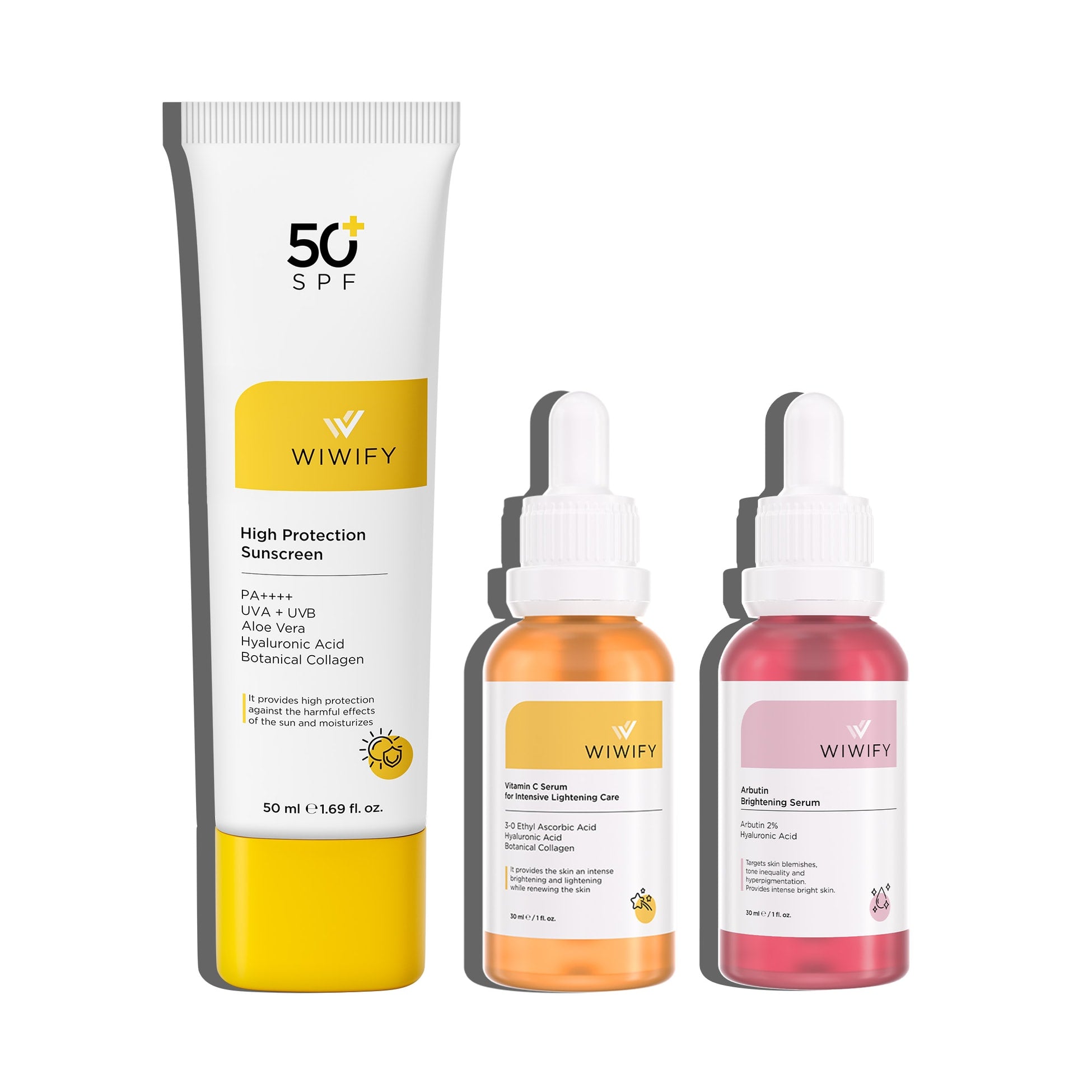 Cilt Tonu Eşitlemek İçin Aydınlatıcı Etkili Güneş Kremi, C Vitamini Serum ve Arbutin Serum Cilt Bakım Seti