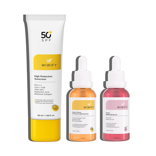 Cilt Tonu Eşitlemek İçin Aydınlatıcı Etkili Güneş Kremi, C Vitamini Serum ve Arbutin Serum Cilt Bakım Seti