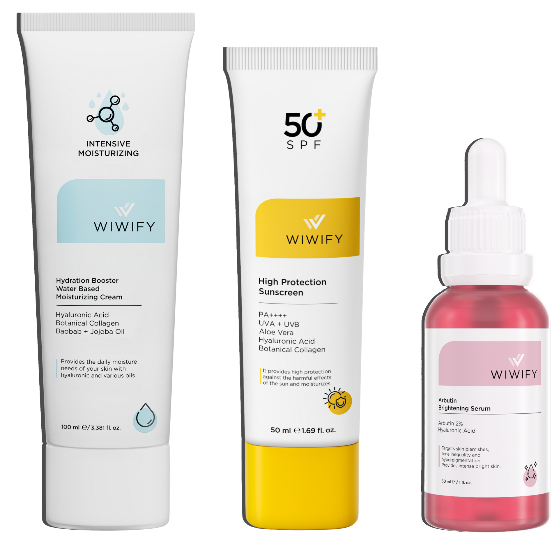 Leke Karşıtı ve Aydınlık Görünüm Bakım Seti, Nemlendirici + Arbutin + Güneş Koruyucu | Hyaluronic Acid | Wiwify