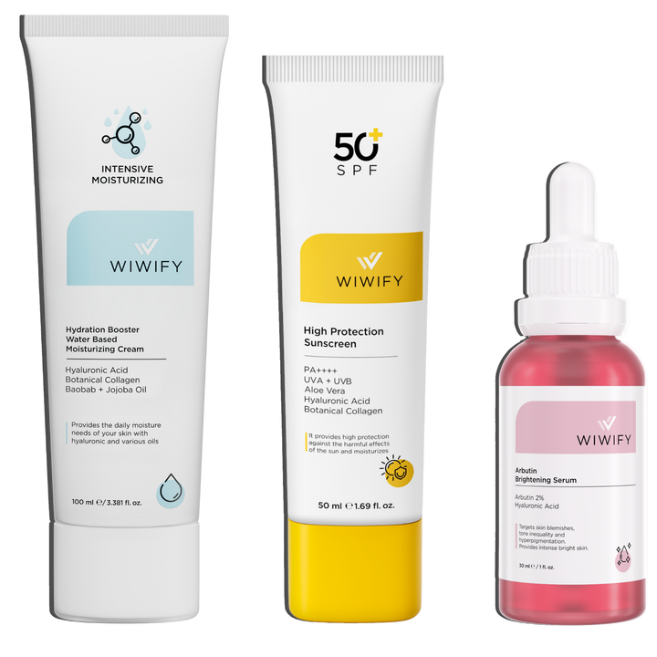 Leke Karşıtı ve Aydınlık Görünüm Bakım Seti, Nemlendirici + Arbutin + Güneş Koruyucu | Hyaluronic Acid | Wiwify