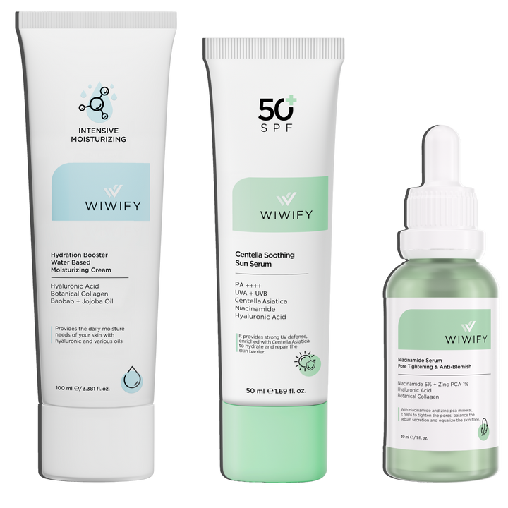 Dengeli ve Pürüzsüz Bakım Seti, Nemlendirici + Niacinamide + Güneş Koruyucu | Centella Asiatica | Wiwify