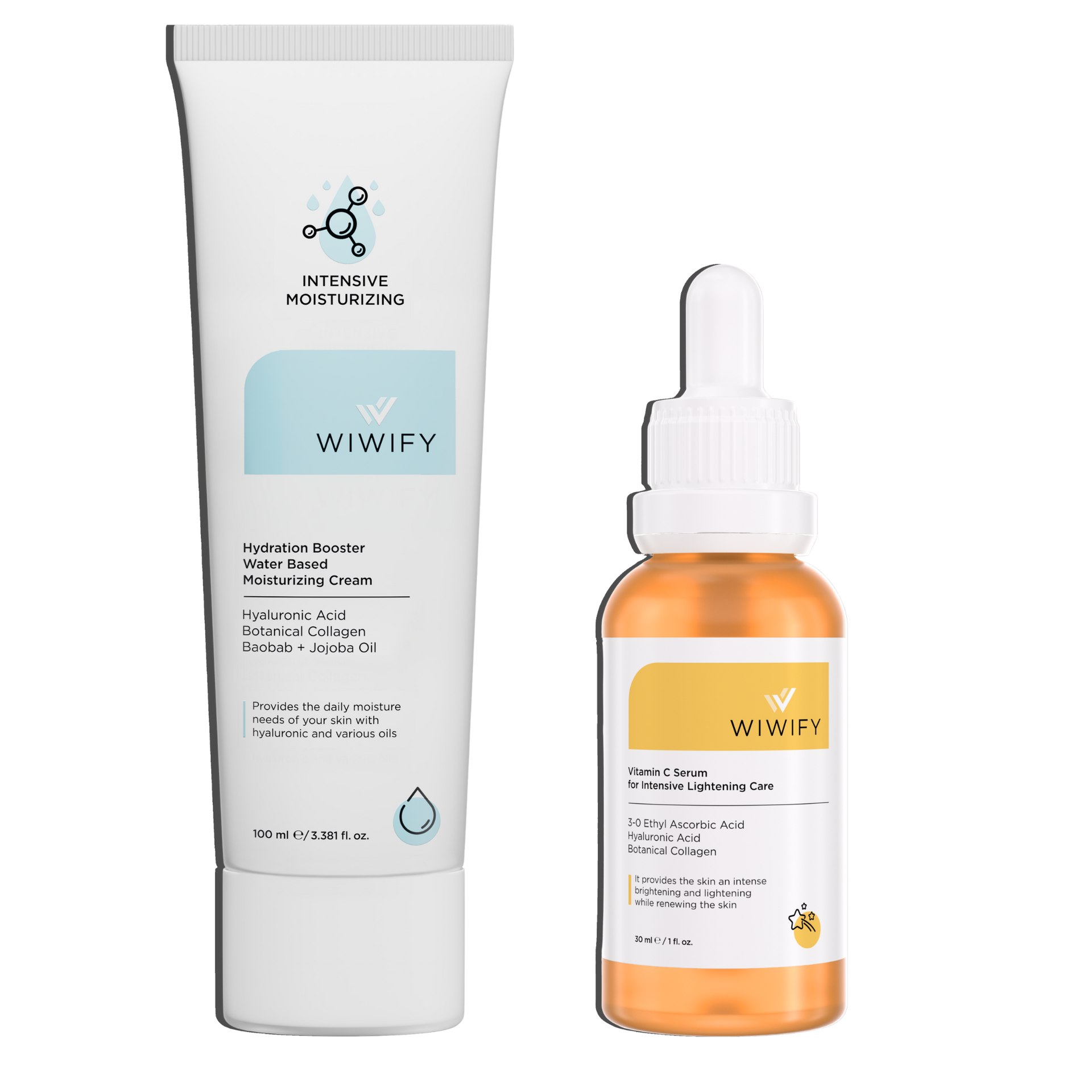 Aydınlatıcı Nem & Canlandırma Seti, Nemlendirici + C Vitamin | Alpha-Arbutin, Hyaluronic Acid, Baobab | Wiwify