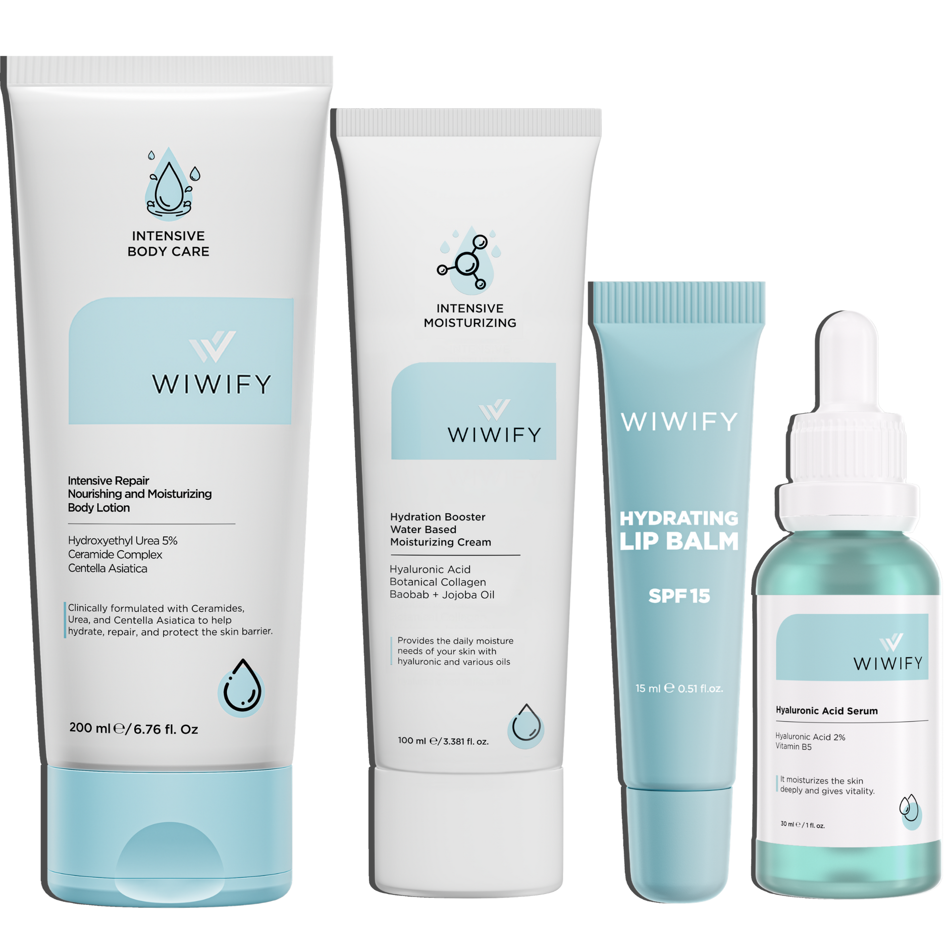 Derin Nem ve Konfor Seti, Nemlendirici Krem + Vücut Losyonu + Hyaluronic Acid Serum + Lip Balm | Wiwify