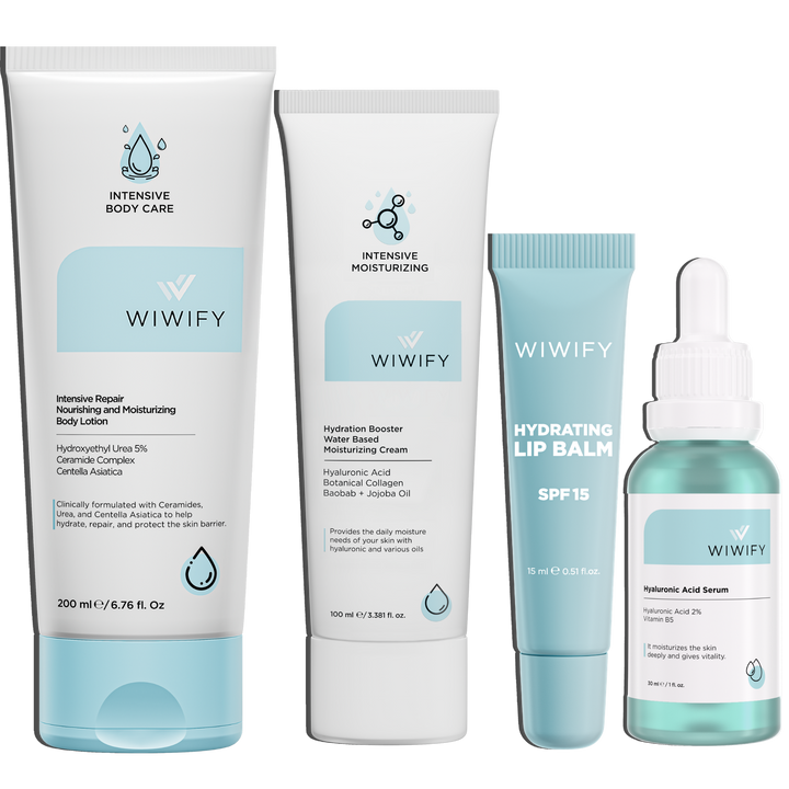 Derin Nem ve Konfor Seti, Nemlendirici Krem + Vücut Losyonu + Hyaluronic Acid Serum + Lip Balm | Wiwify