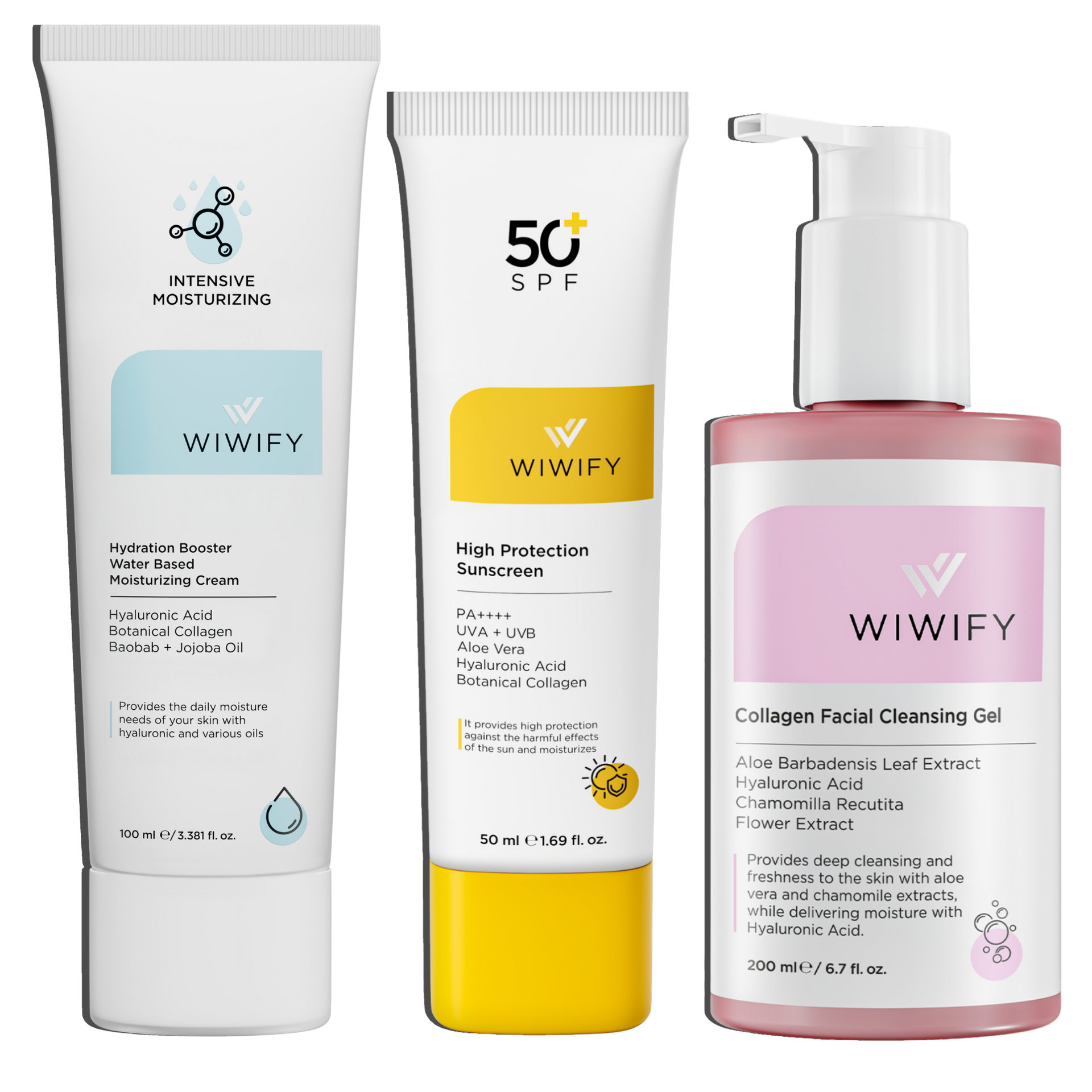 Günlük Cilt Bakımı Seti, Nemlendirici + Temizleme Jeli + Güneş Koruyucu | Baobab Oil, Alpha-Arbutin | Wiwify