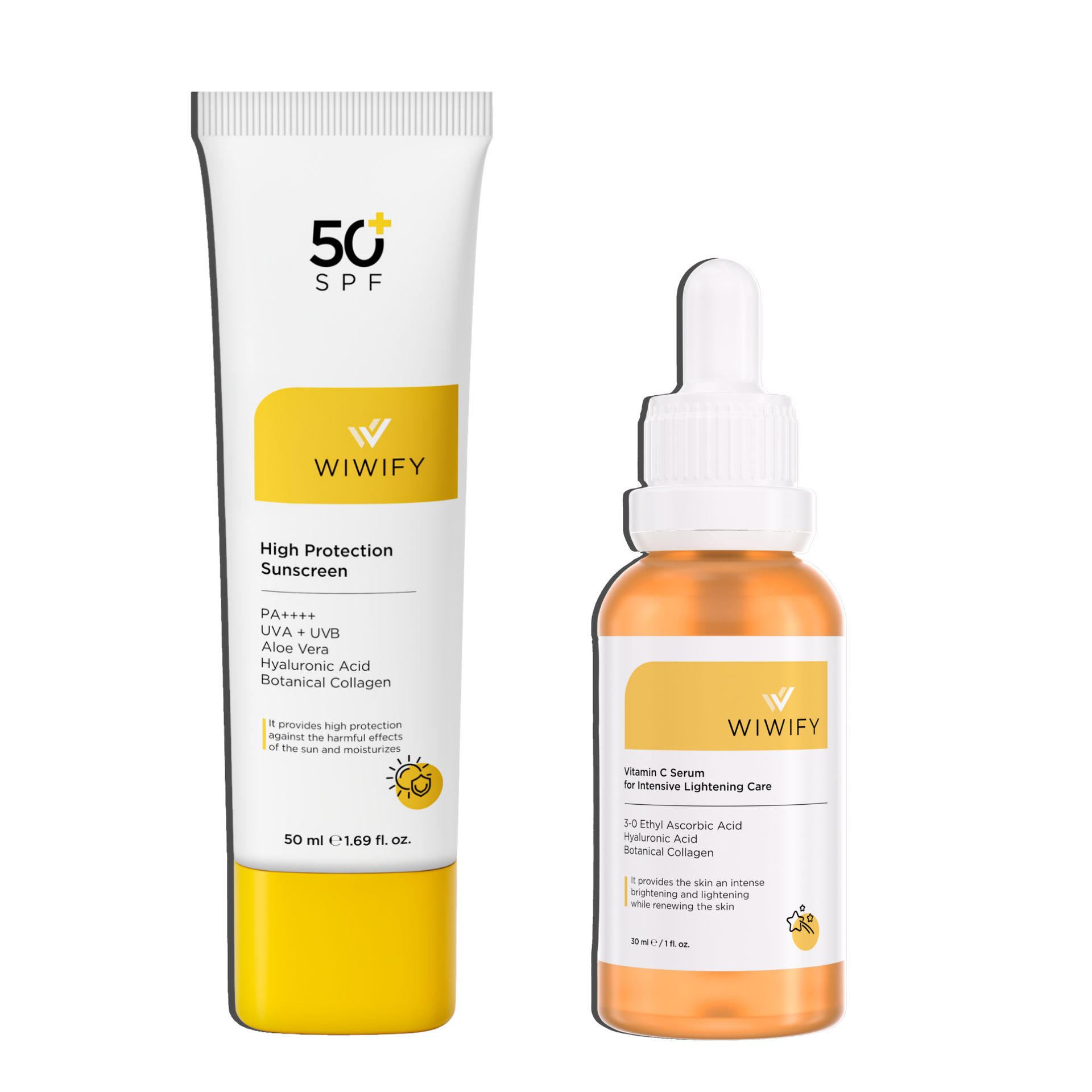 Aydınlatıcı & UV Koruma Seti, Güneş Koruyucu + C Vitamin | Alpha-Arbutin, Hyaluronic Acid | Wiwify