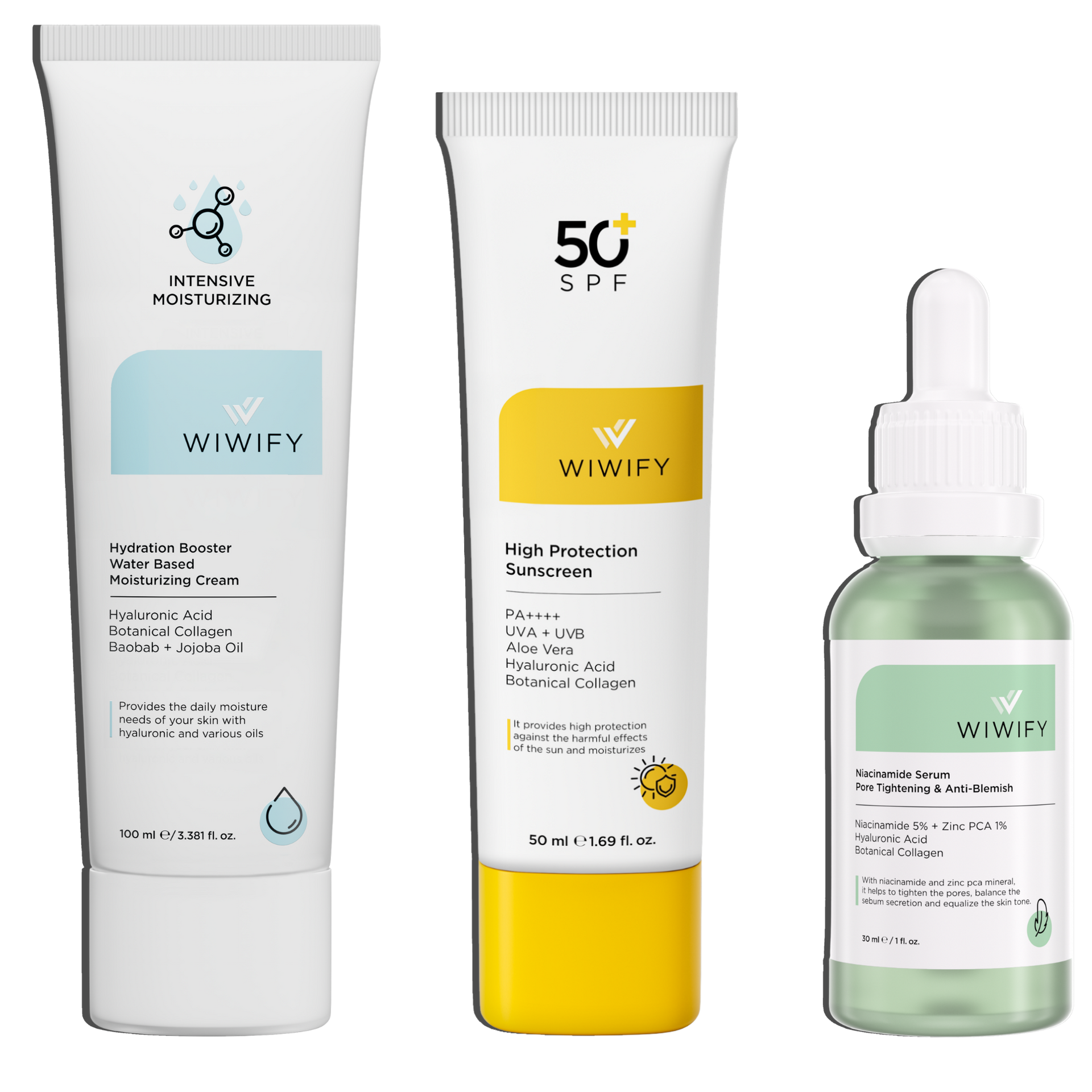 Dengeli ve Pürüzsüz Bakım Seti, Nemlendirici + Niacinamide + Güneş Koruyucu | Alpha-Arbutin | Wiwify