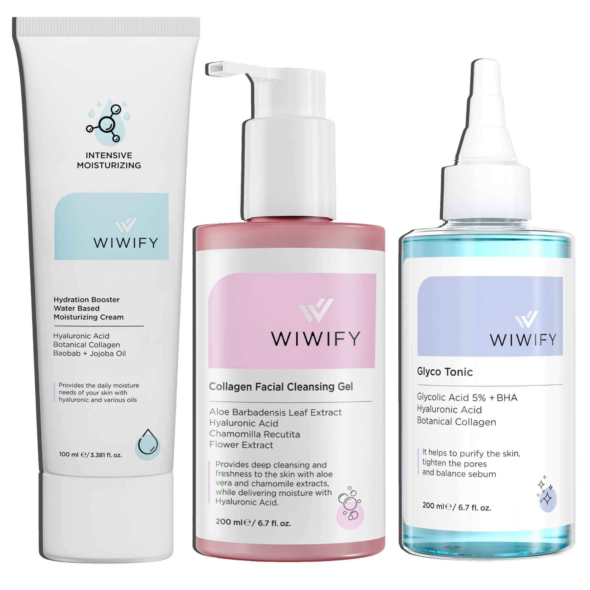 Günlük Tazeleyici Bakım Seti, Nemlendirici + Yüz Temizleme Jeli + Tonik | AHA+BHA, Hyaluronic Acid | Wiwify