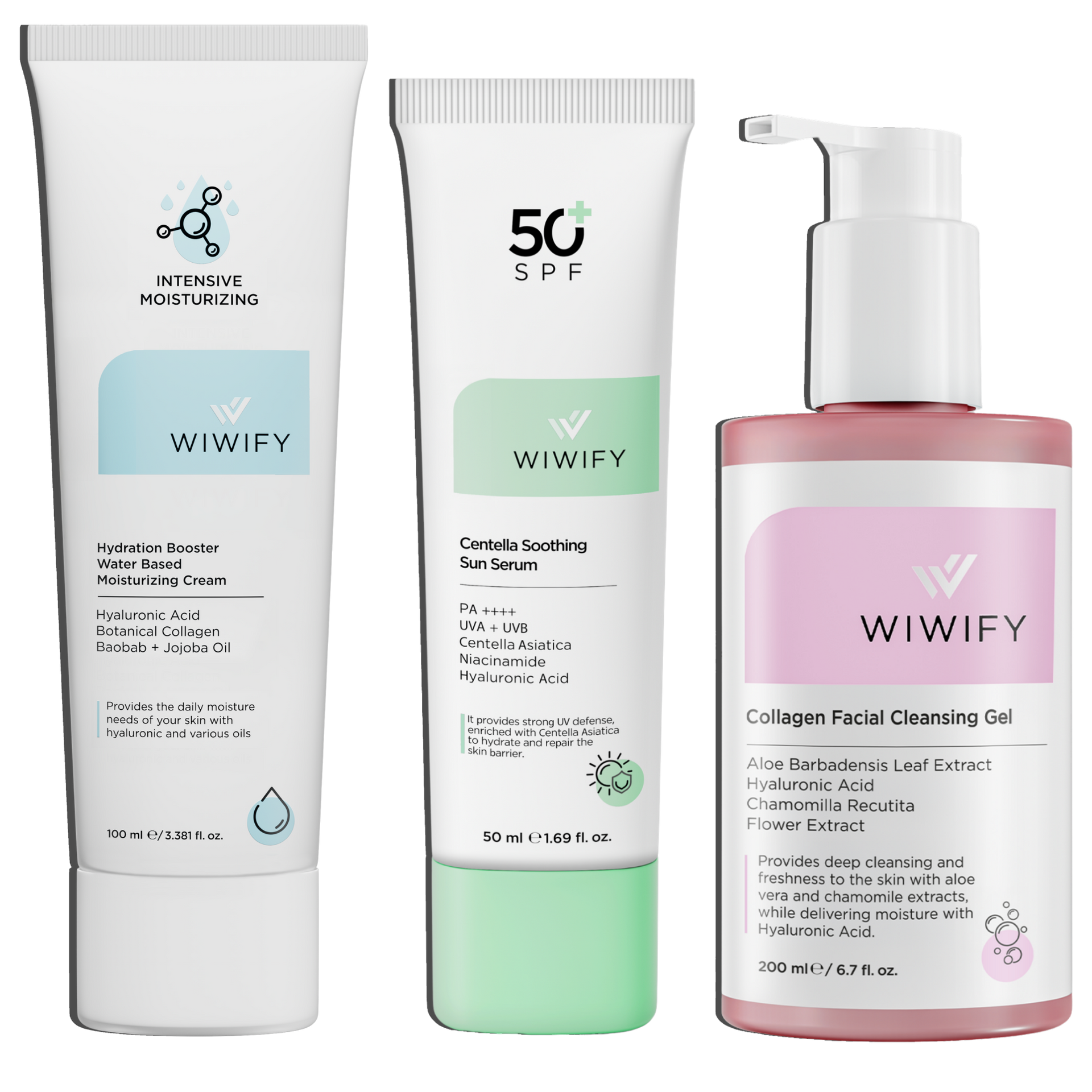 Günlük Cilt Bakımı Seti, Nemlendirici + Temizleme Jeli, Güneş Koruyucu | Baobab Oil, Niacinamide | Wiwify