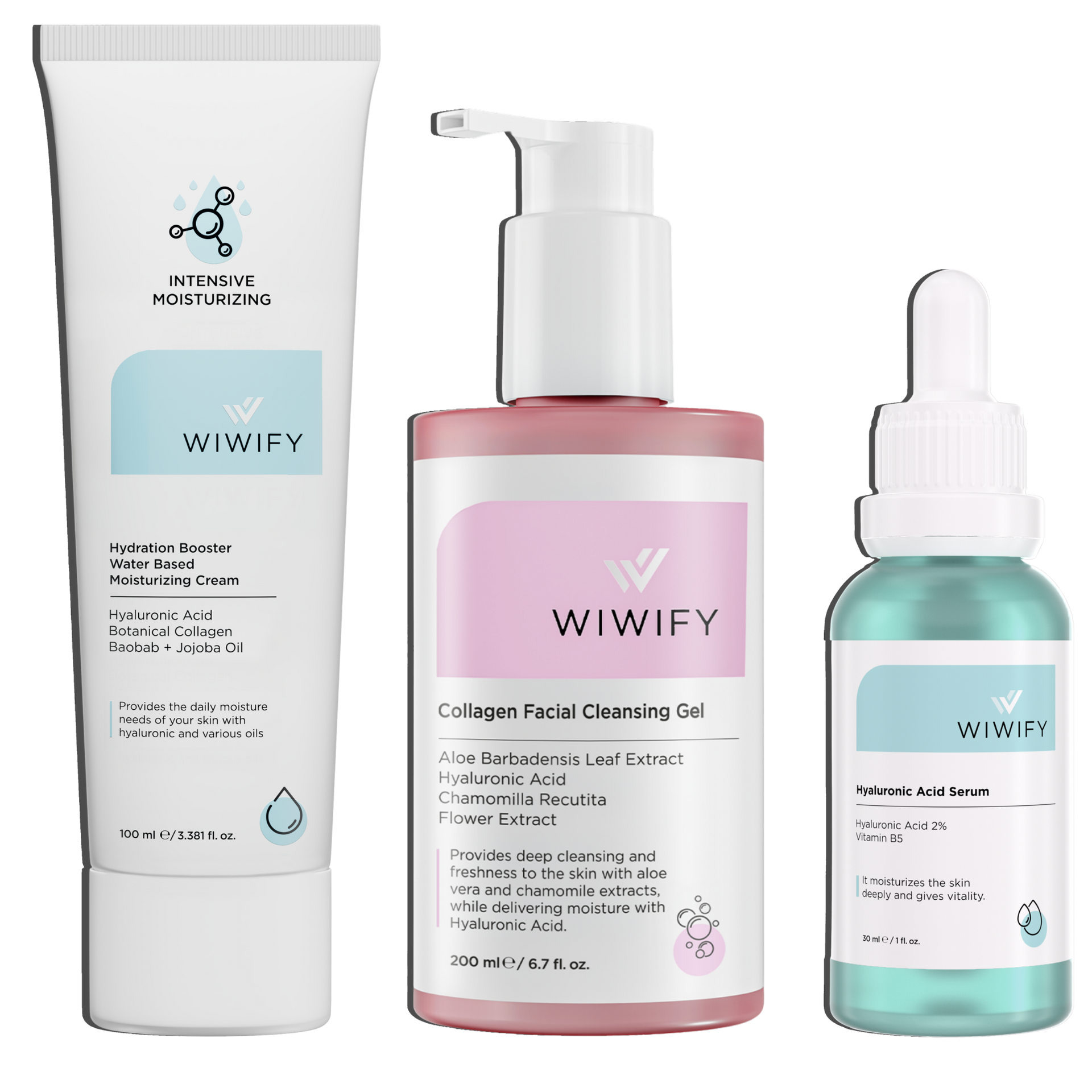 Hassas Cilt Yoğun Nem Seti, Nemlendirici + Temizleme Jeli + Hyaluronic Acid | Aloe Vera, Baobab+Jojoba Oil | Wiwify