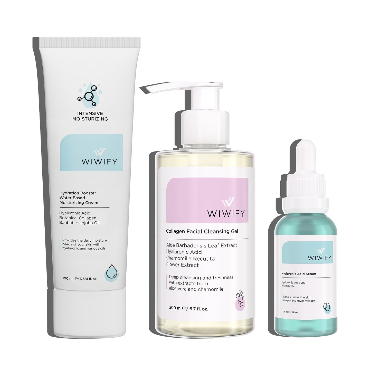 Hassas Ciltler İçin Yatıştırıcı Etkili Yüz Temizleme Jeli, Nemlendirici ve Hyaluronik Asit Serum Cilt Bakım Seti