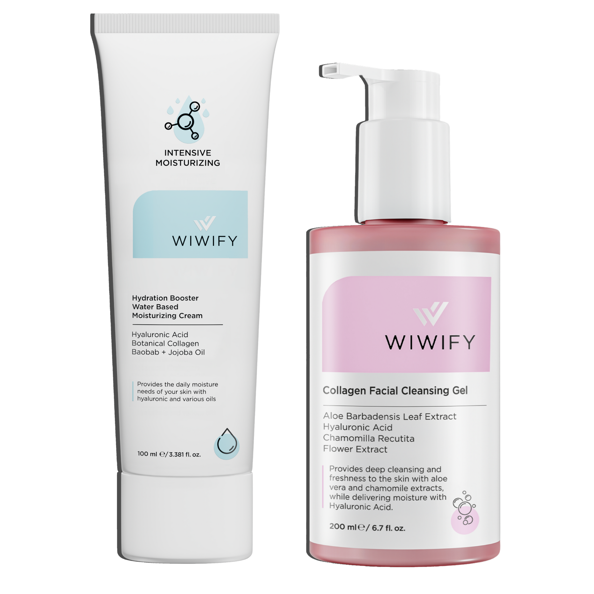 Nazik Tazeleyici & Nem Seti, Nemlendirici + Yüz Temizleme Jeli | Aloe Vera, Hyaluronic Acid, Baobab + Jojoba Oil | Wiwify