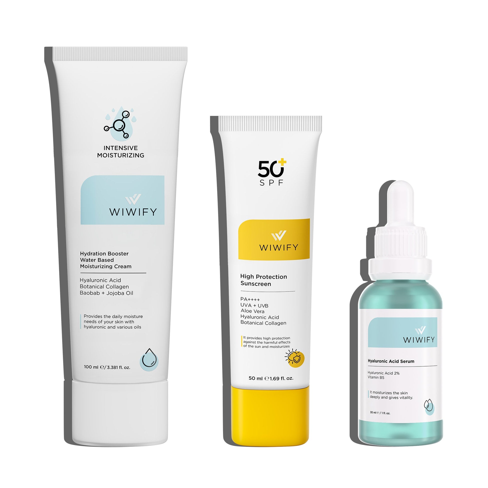 Kuru ve Soluk Ciltler İçin Nemlendirici, Güneş Kremi ve Hyaluronik Asit Serum Cilt Bakım Seti