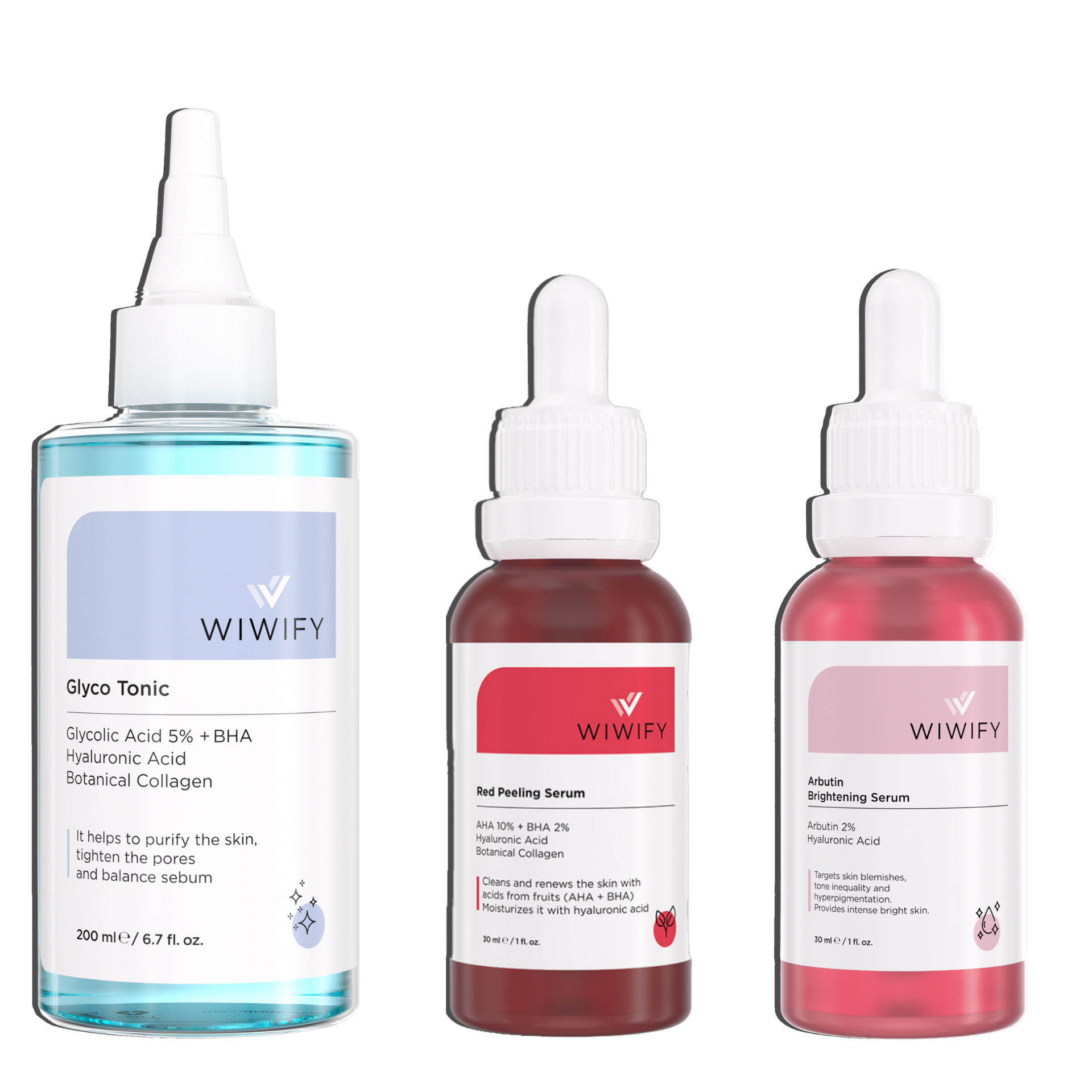 Leke Karşıtı Yenileyici Bakım Seti, Tonik + Red Peeling + Arbutin | AHA+BHA, Hyaluronic Acid | Wiwify