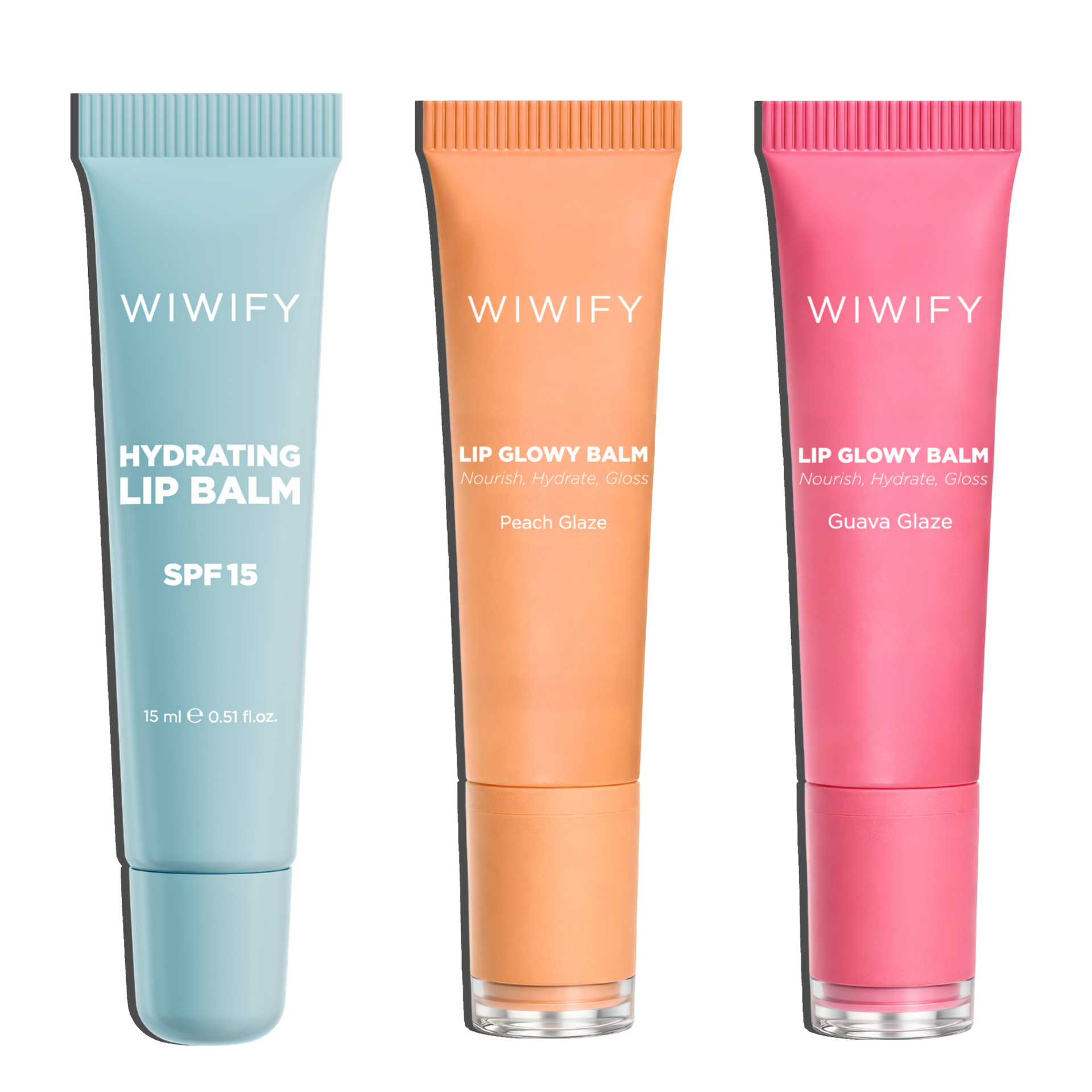 Lip Care Essentials Set, Hydrating Lip Balm + Guava Glaze + Peach Glaze | SPF 15, Squalane, Ceramide | Wiwify