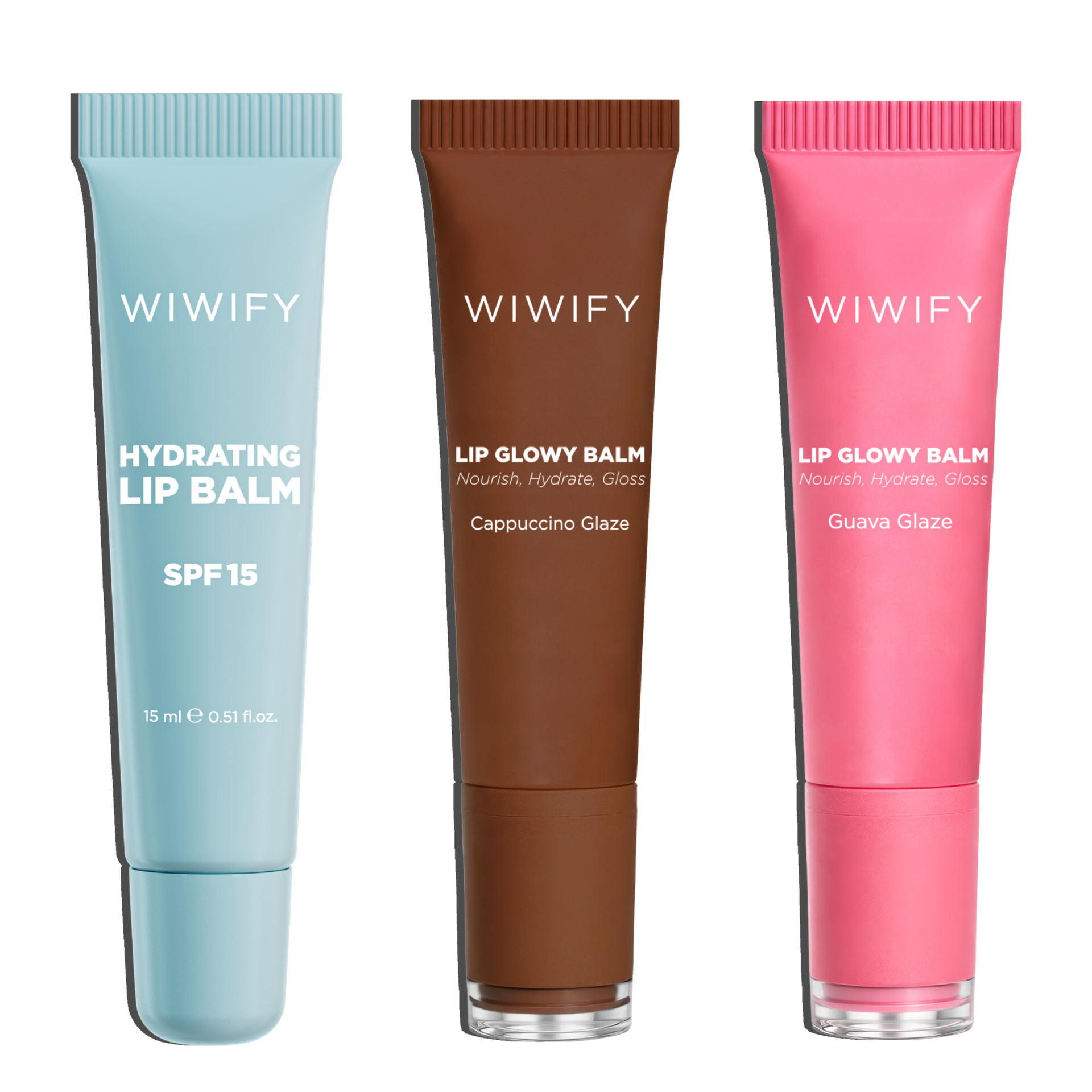 Lip Glow & Protect Set, Hydrating Lip Balm + Guava Glaze Balm + Cappuccino Glaze Balm | Squalane | Wiwify