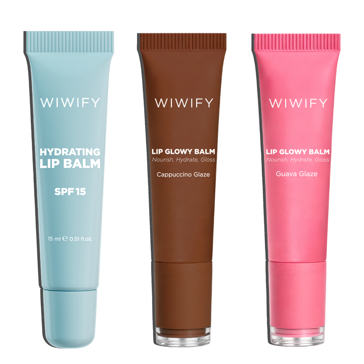 Lip Glow & Protect Set, Hydrating Lip Balm + Guava Glaze Balm + Cappuccino Glaze Balm | Squalane | Wiwify