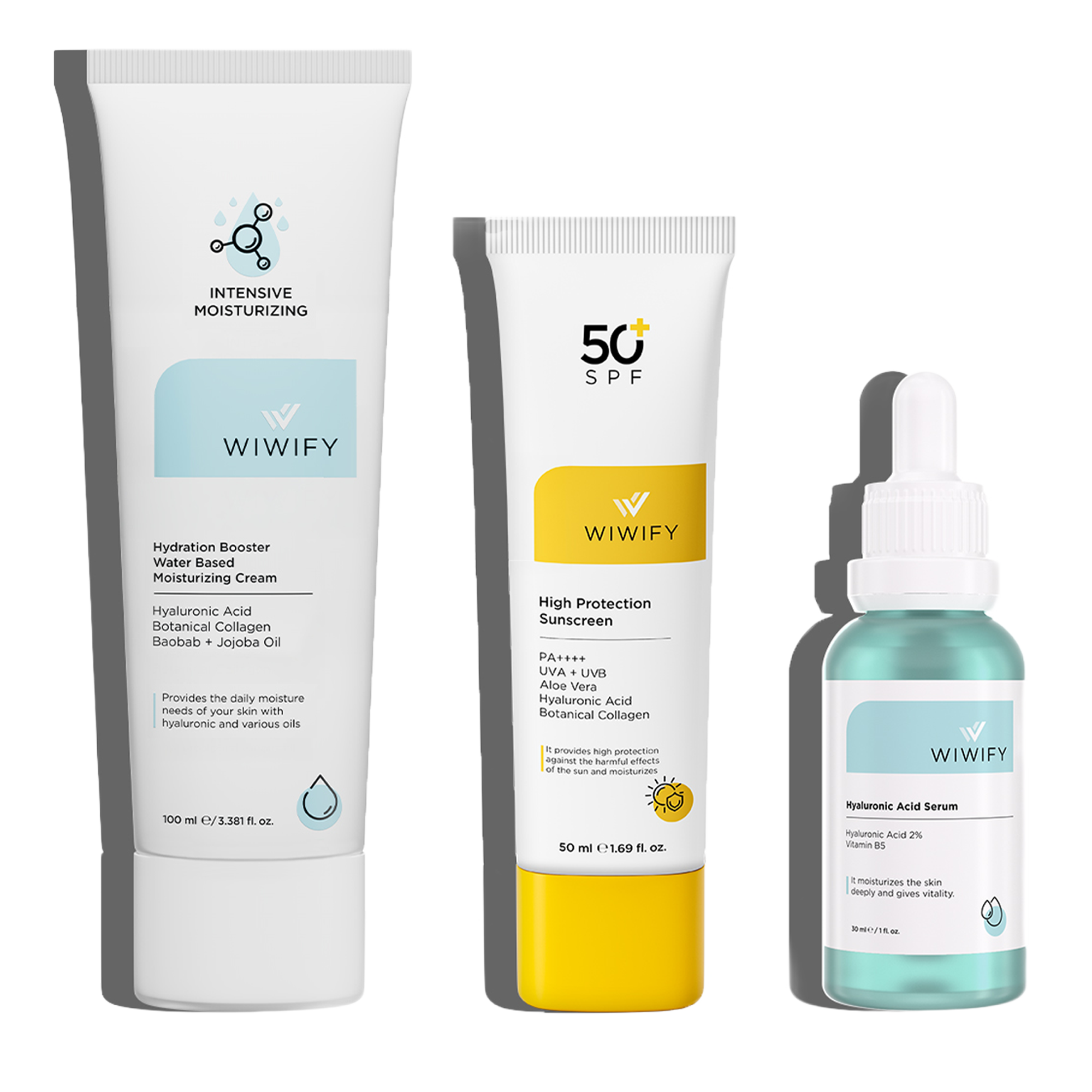 Kuru ve Soluk Ciltler İçin Nemlendirici, Güneş Kremi ve Hyaluronik Asit Serum Cilt Bakım Seti