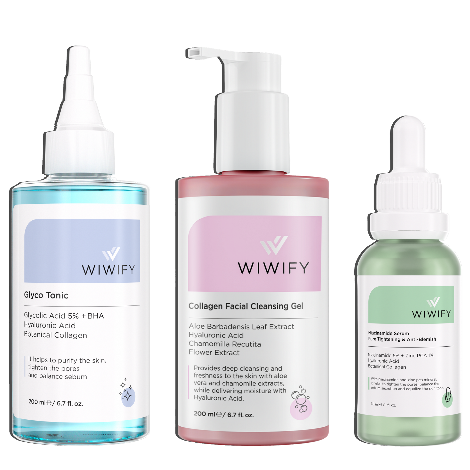Sivilce & Siyah Nokta Karşıtı Seti, Yüz Temizleme Jeli + Tonik + Niacinamide | AHA+BHA, Zinc PCA | Wiwify