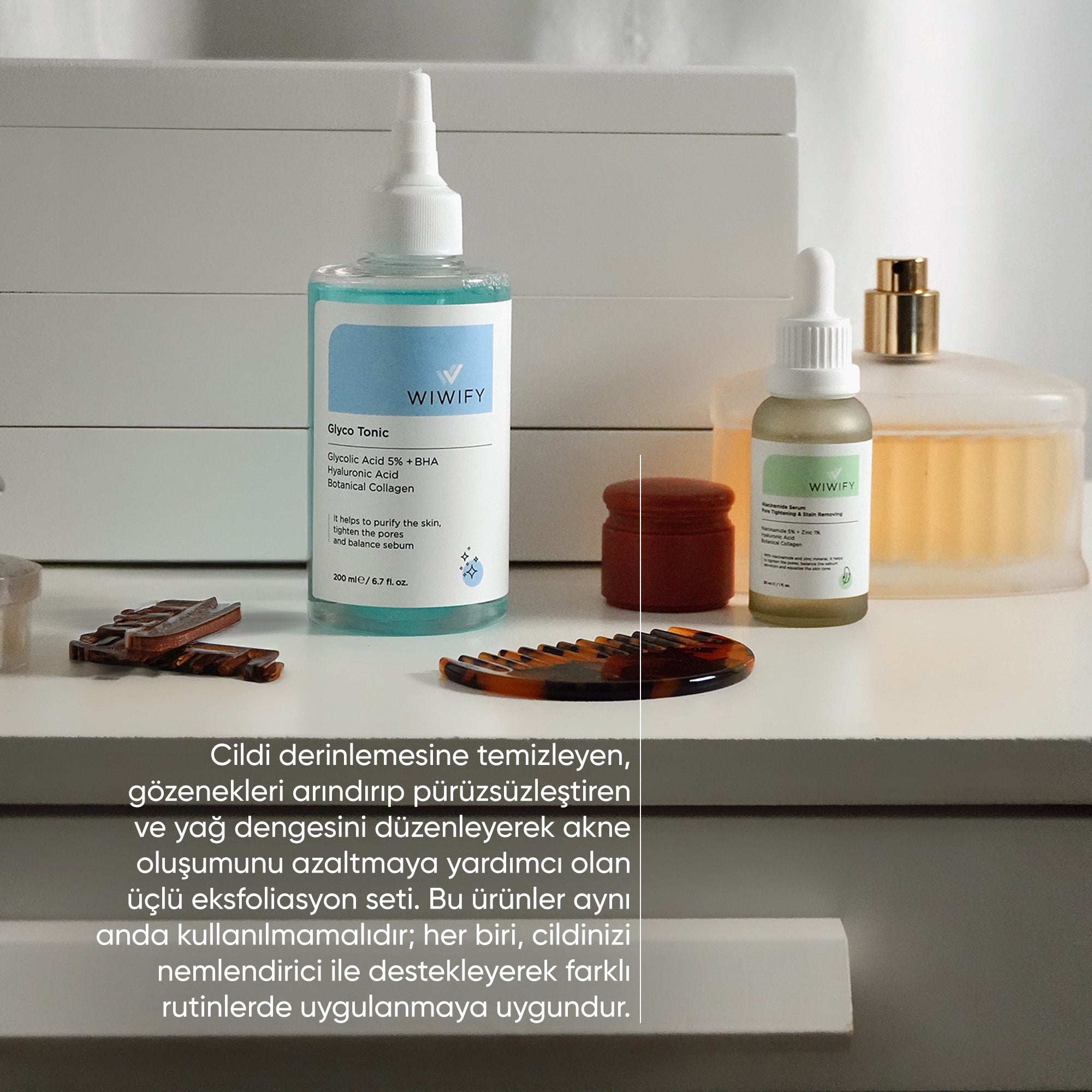 Sivilce ve Siyah Nokta Karşıtı Yüz Temizleme Jeli, Tonik ve Niacinamide Serum Seti