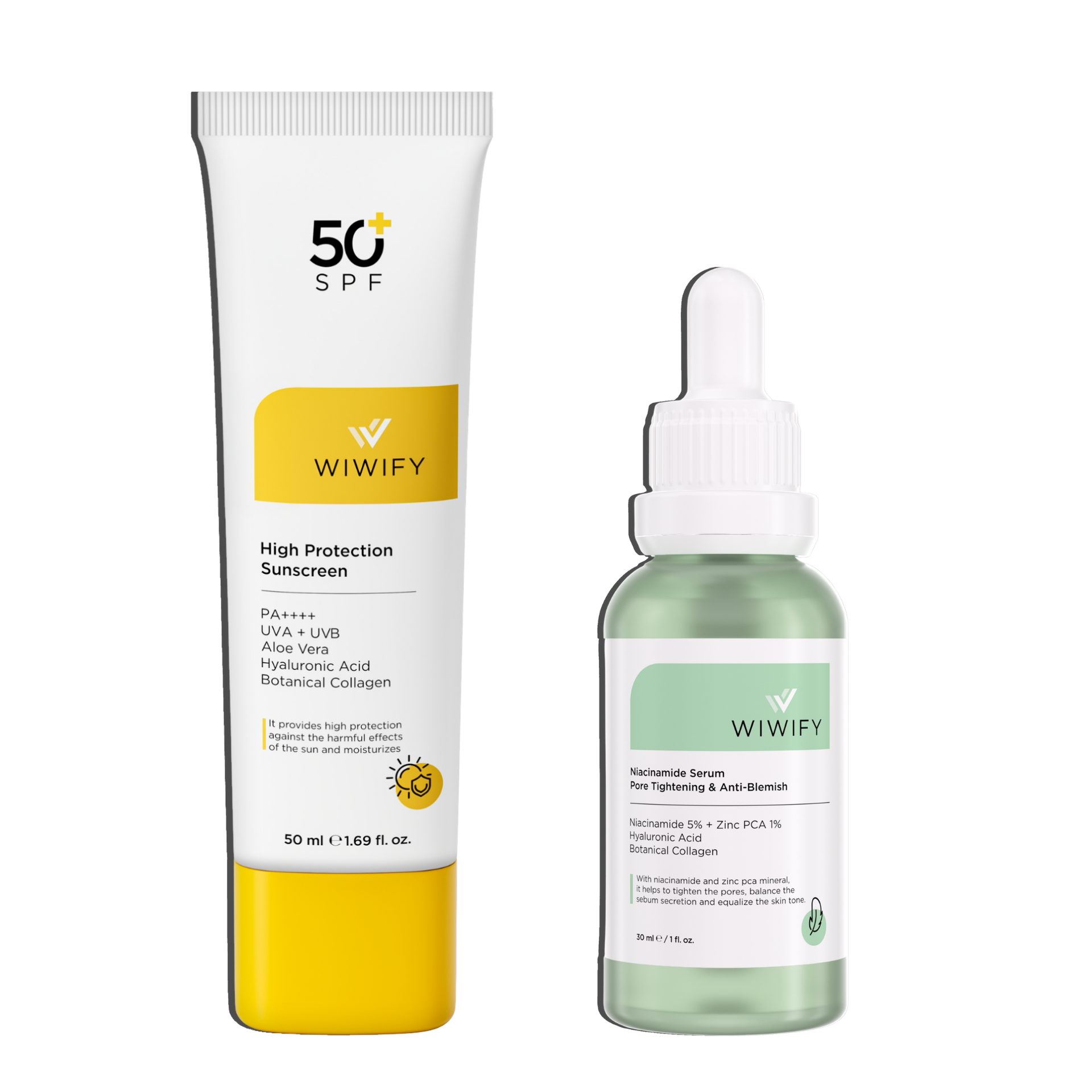 Gözenek ve Sebum Dengeleme & UV Koruma Seti, Güneş Koruyucu + Niacinamide | Zinc PCA, Centella Asiatica | Wiwify