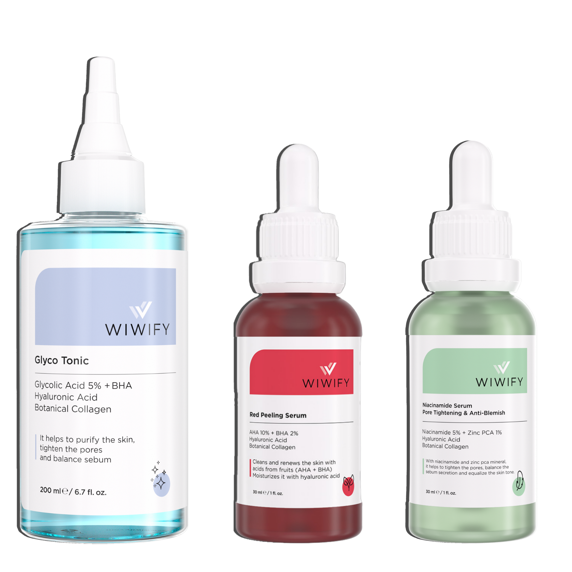 Arındırıcı & Gözenek Bakım Seti, Tonik + Red Peeling + Niacinamide | AHA+BHA, Zinc PCA, Hyaluronic Acid | Wiwify