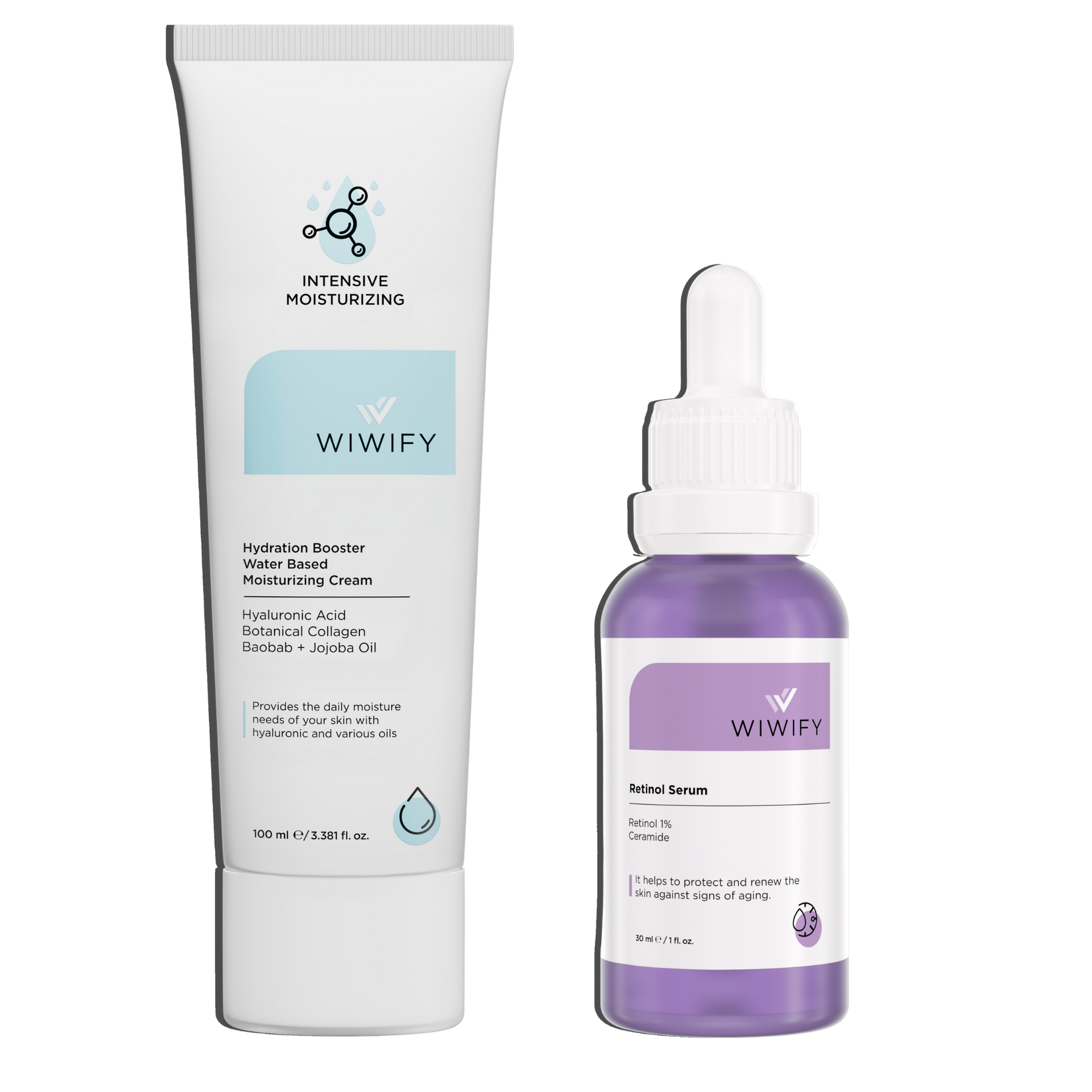 Yaşlanma Karşıtı Yenileyici Seti, Nemlendirici + Retinol | Ceramide, Hyaluronic Acid, Baobab + Jojoba Oil | Wiwify